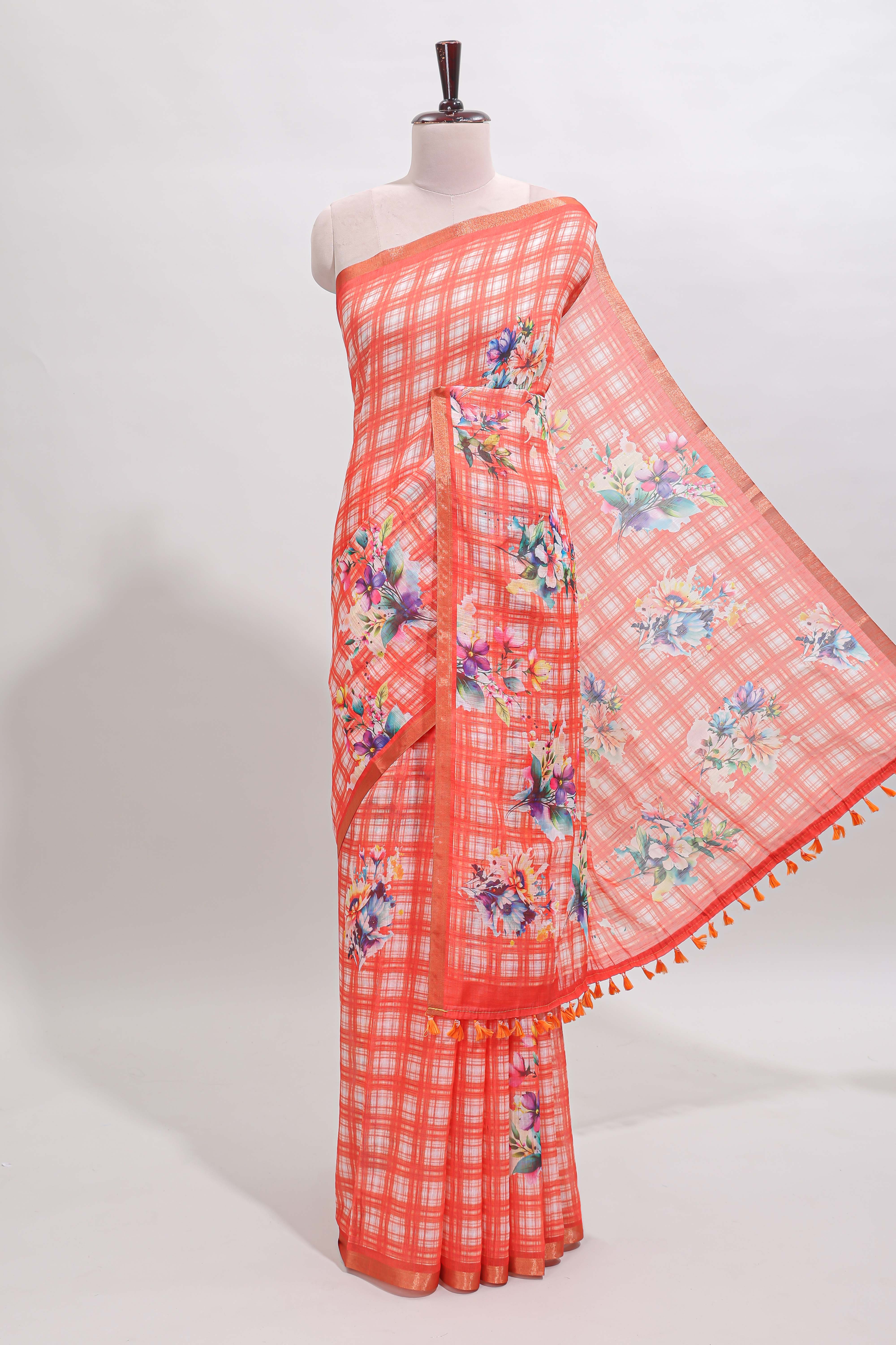 Orange checked floral motifs linen cotton saree with self zari border matching blouse