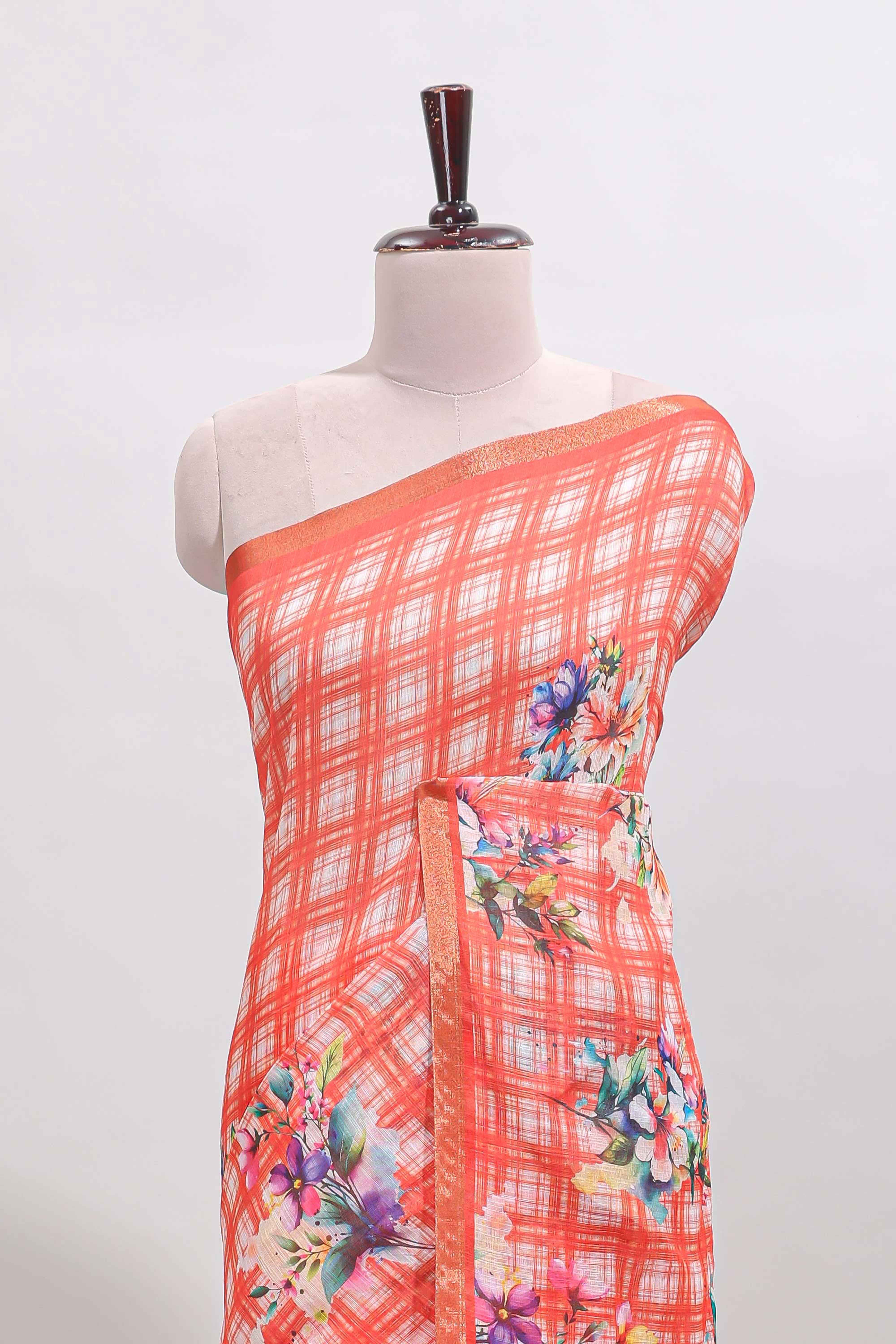 Orange checked floral motifs linen cotton saree with self zari border matching blouse