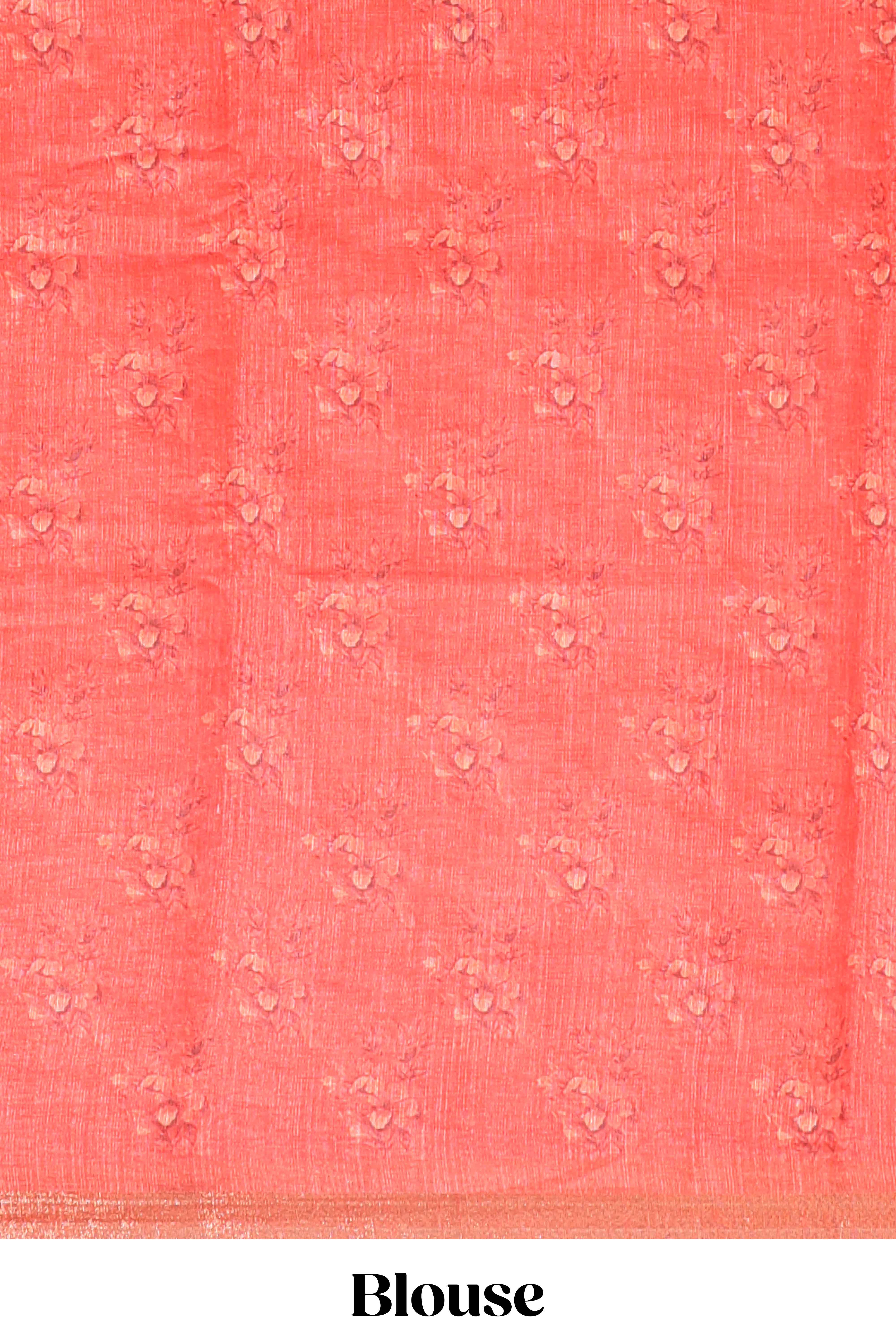 Orange checked floral motifs linen cotton saree with self zari border matching blouse