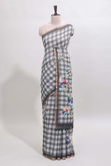 Grey checked floral motifs linen cotton saree with self zari border matching blouse