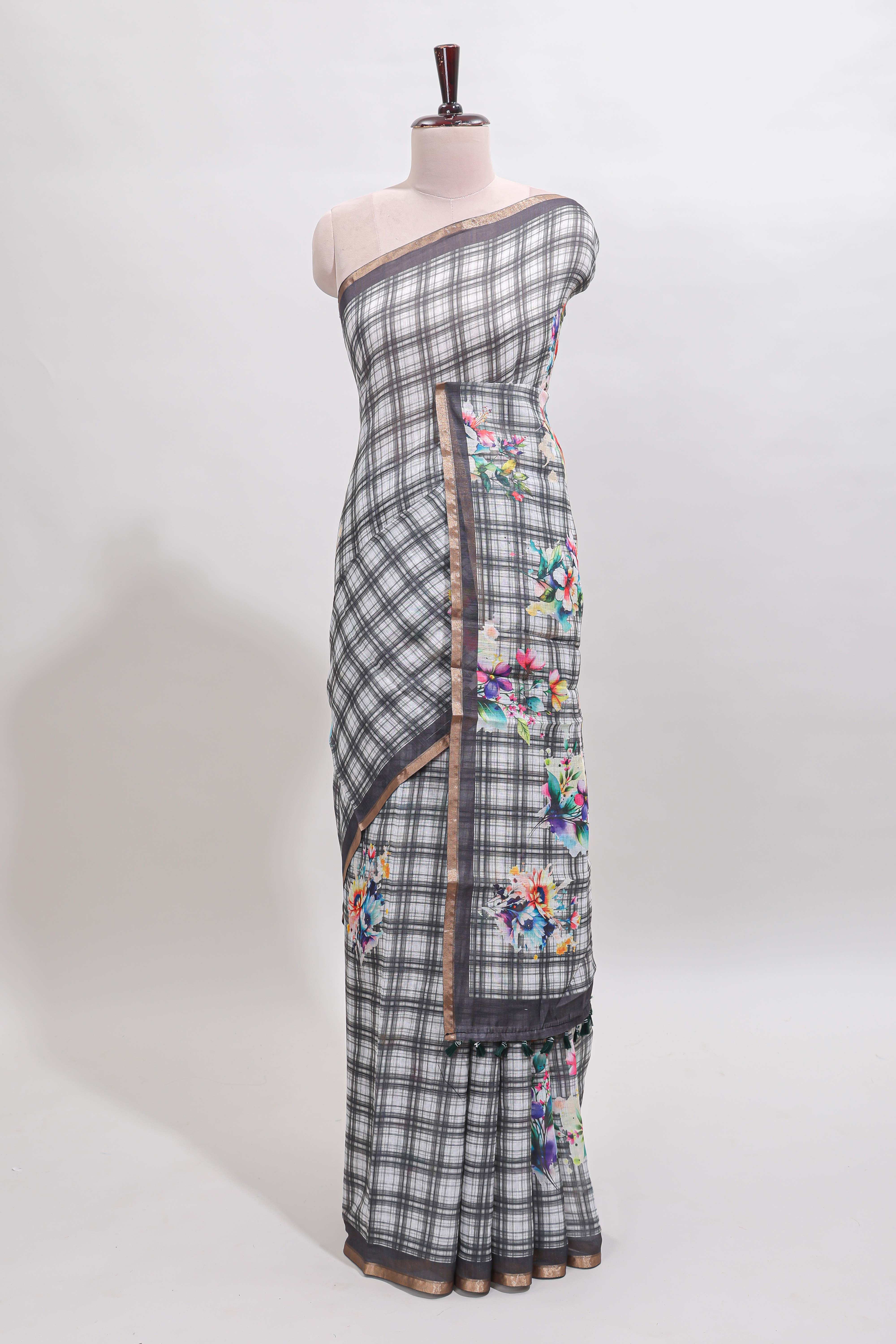 Grey checked floral motifs linen cotton saree with self zari border matching blouse