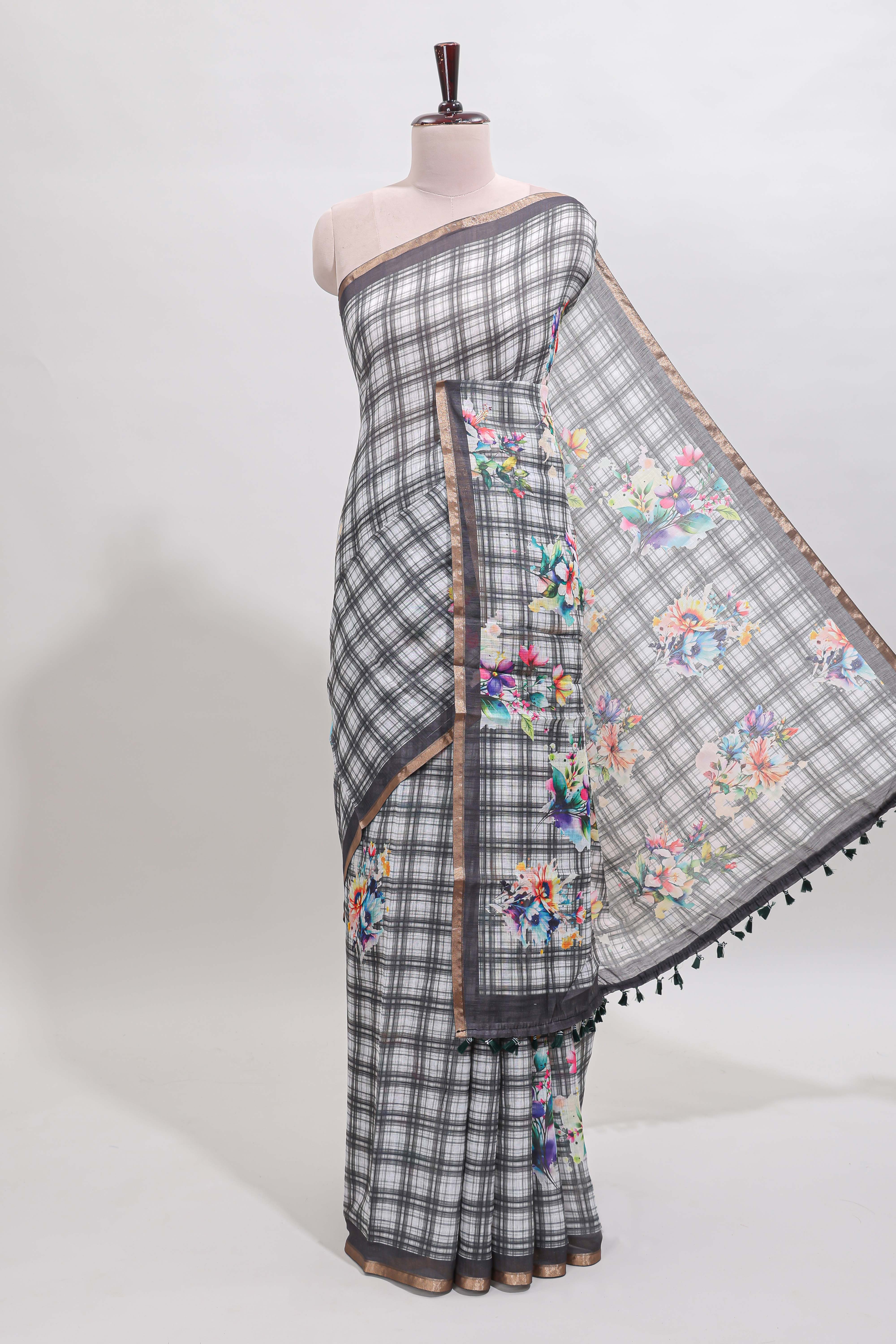 Grey checked floral motifs linen cotton saree with self zari border matching blouse