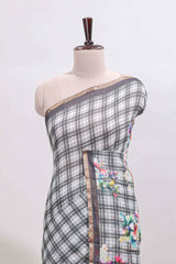 Grey checked floral motifs linen cotton saree with self zari border matching blouse