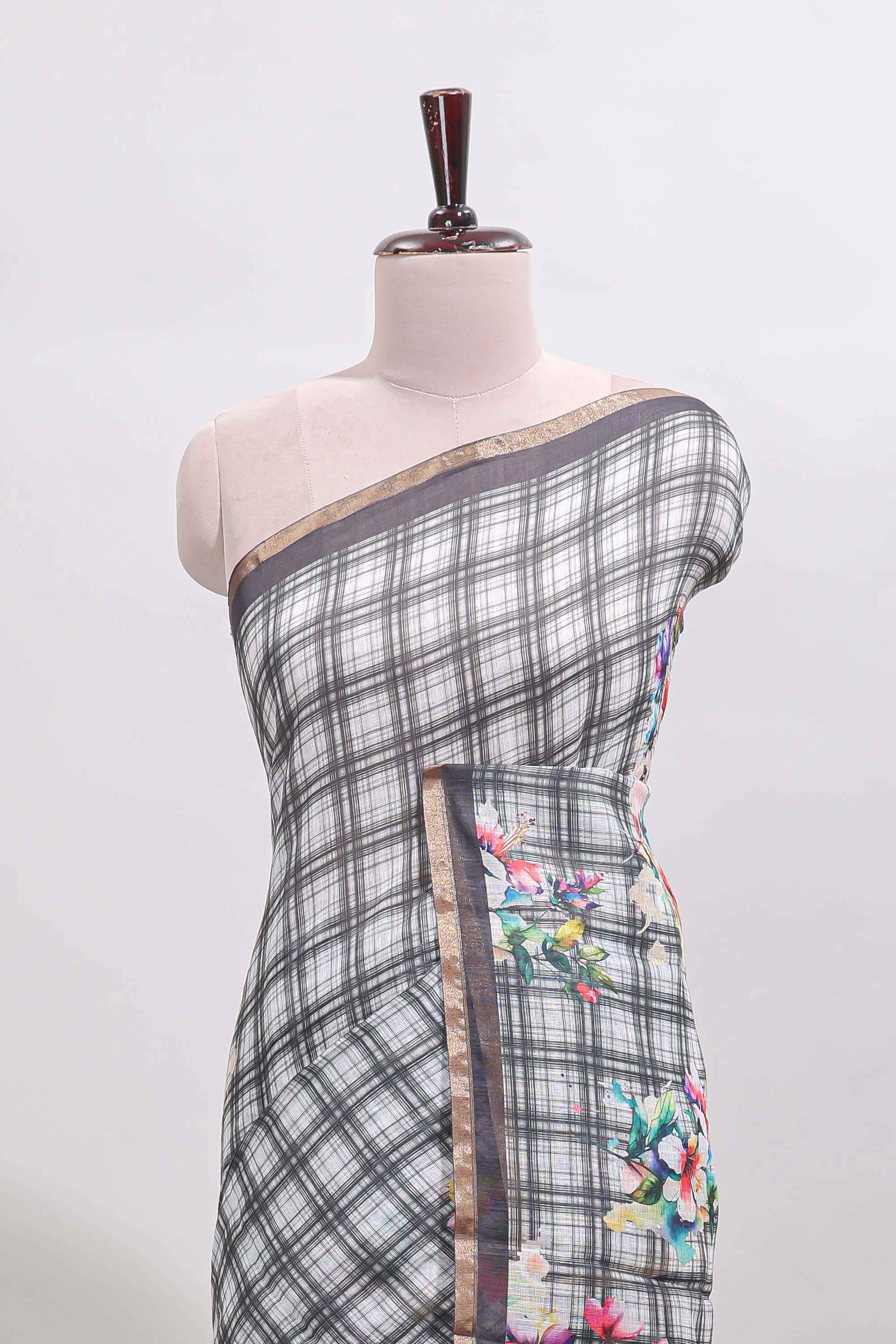 Grey checked floral motifs linen cotton saree with self zari border matching blouse