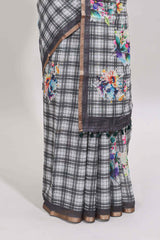 Grey checked floral motifs linen cotton saree with self zari border matching blouse