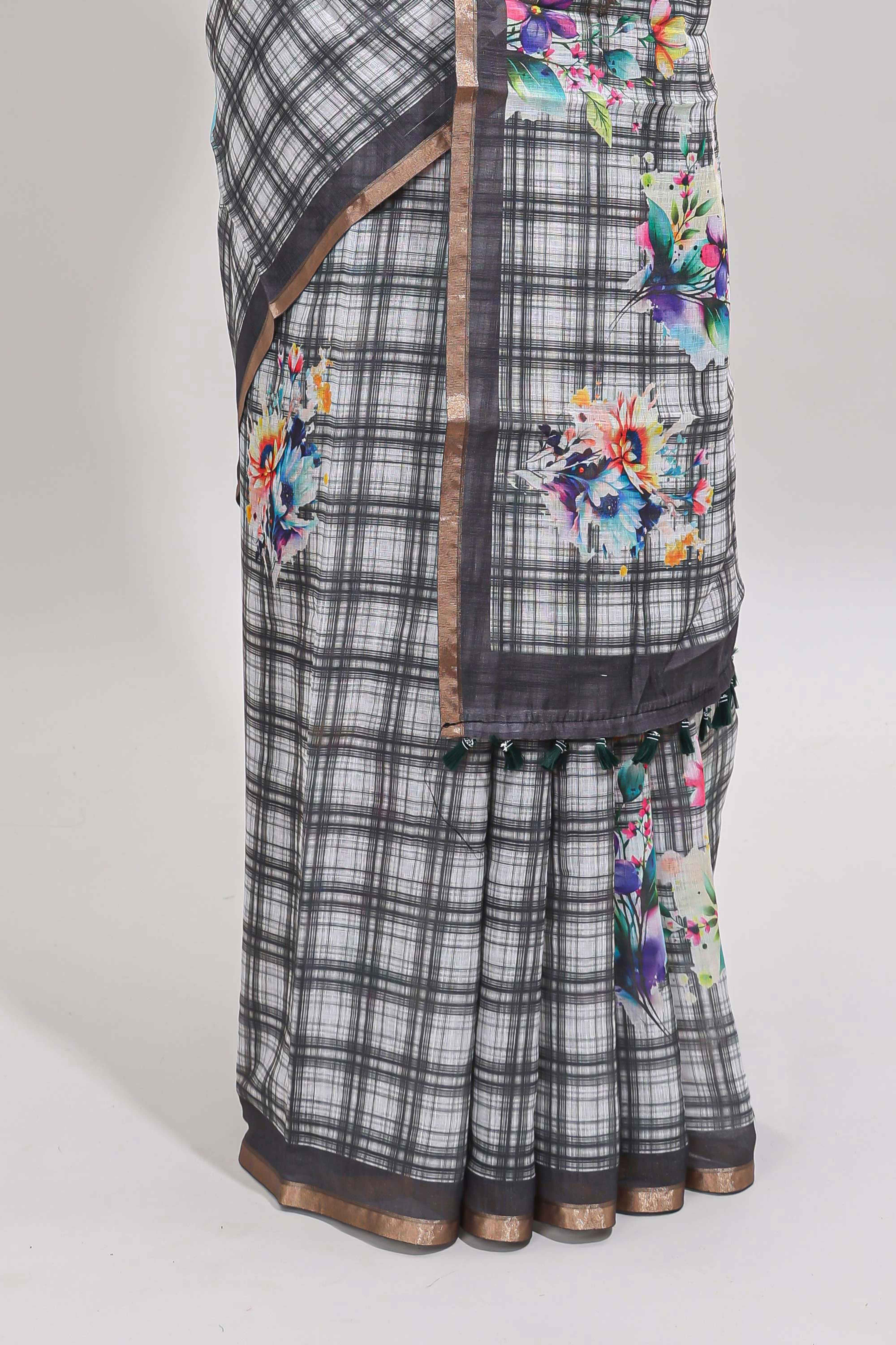 Grey checked floral motifs linen cotton saree with self zari border matching blouse