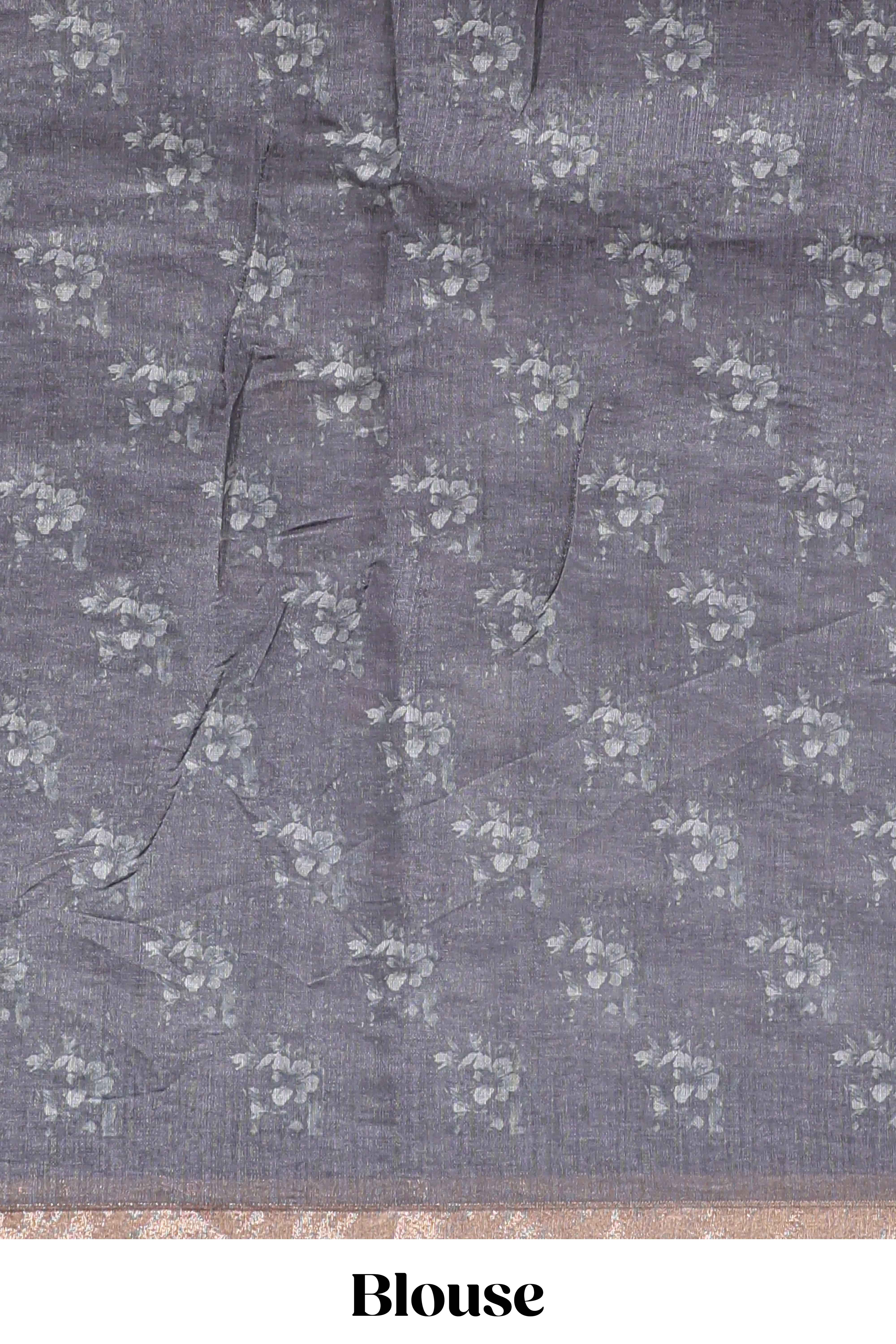 Grey checked floral motifs linen cotton saree with self zari border matching blouse