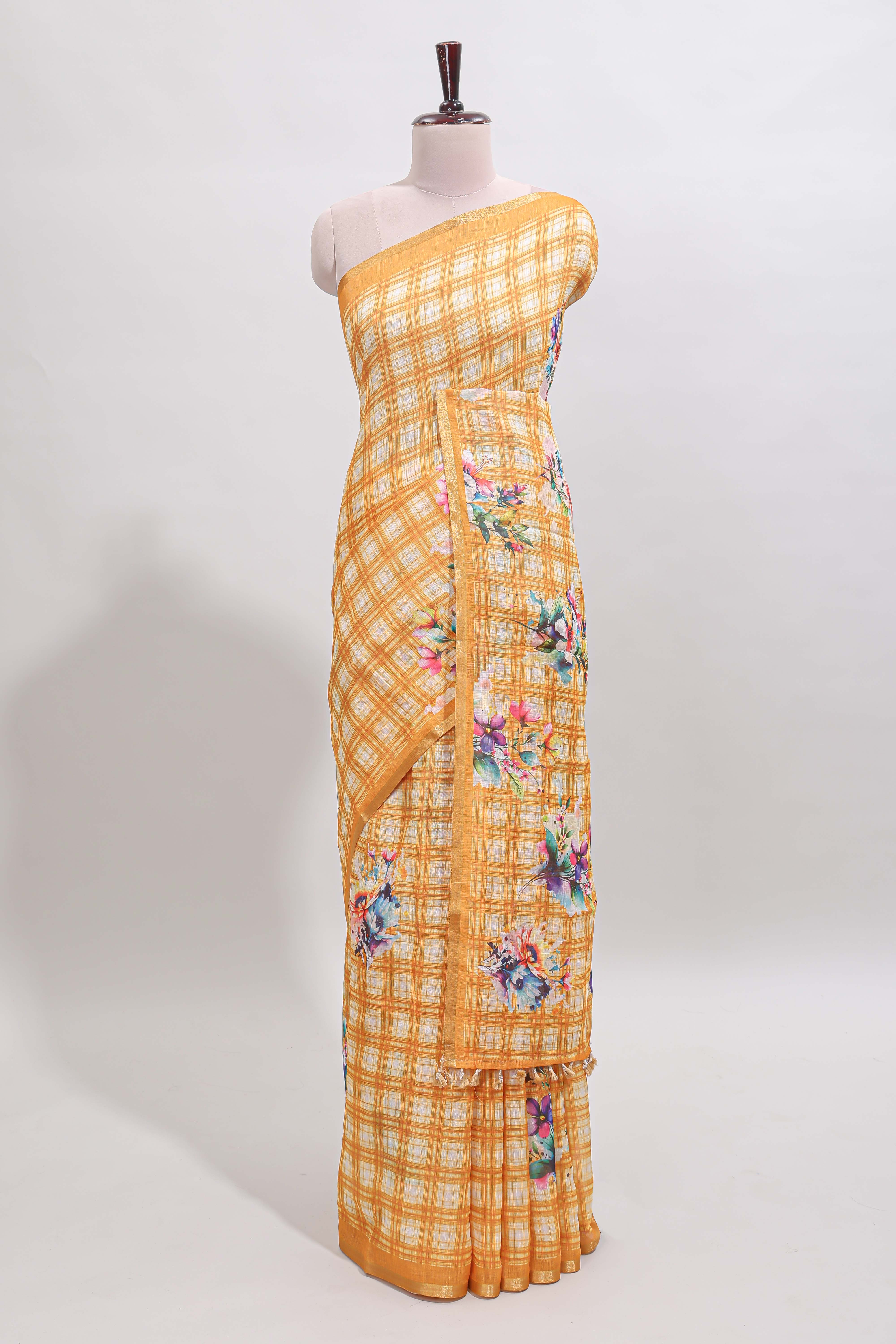 Yellow checked floral motifs linen cotton saree with self zari border matching blouse
