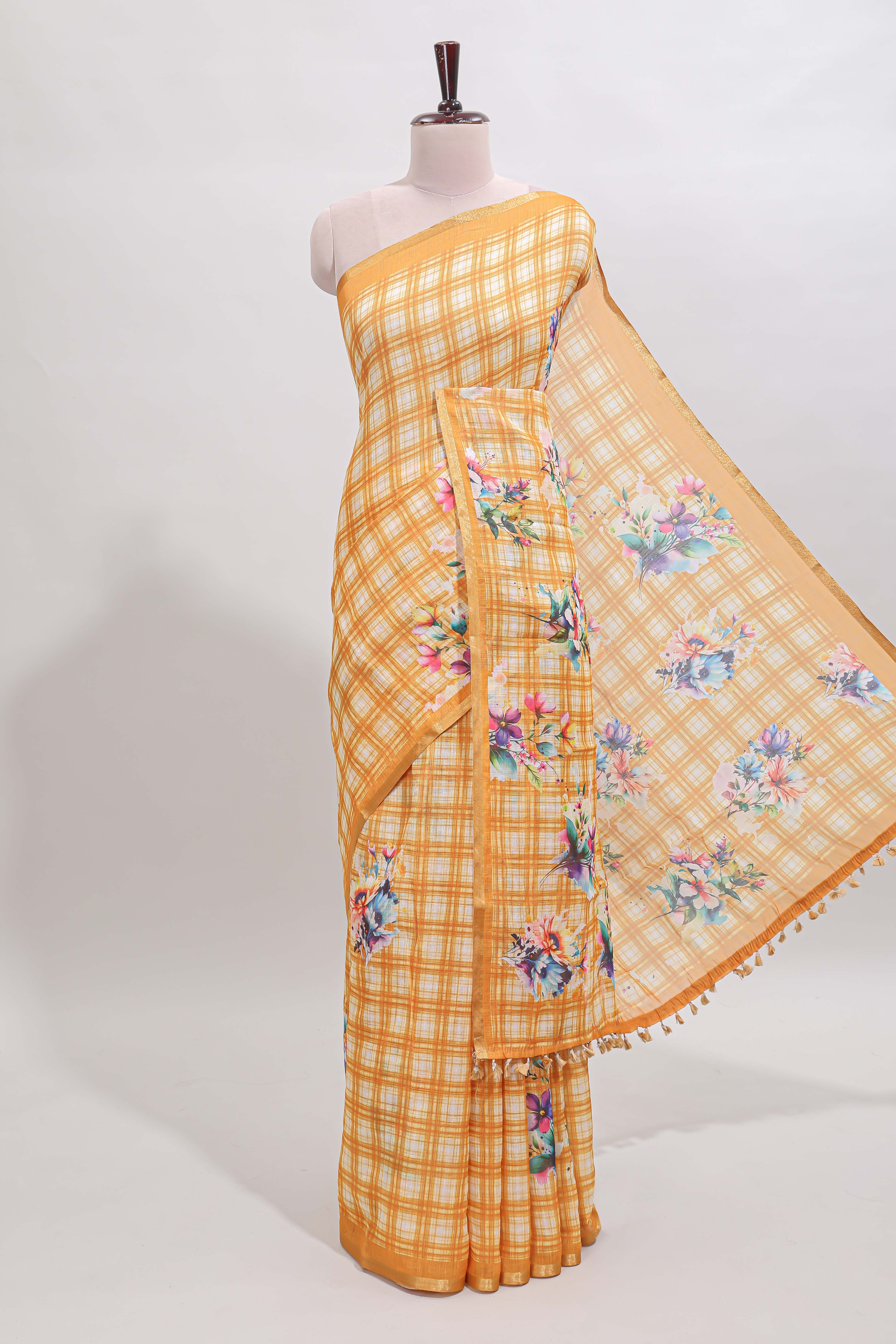 Yellow checked floral motifs linen cotton saree with self zari border matching blouse
