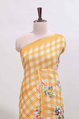 Yellow checked floral motifs linen cotton saree with self zari border matching blouse