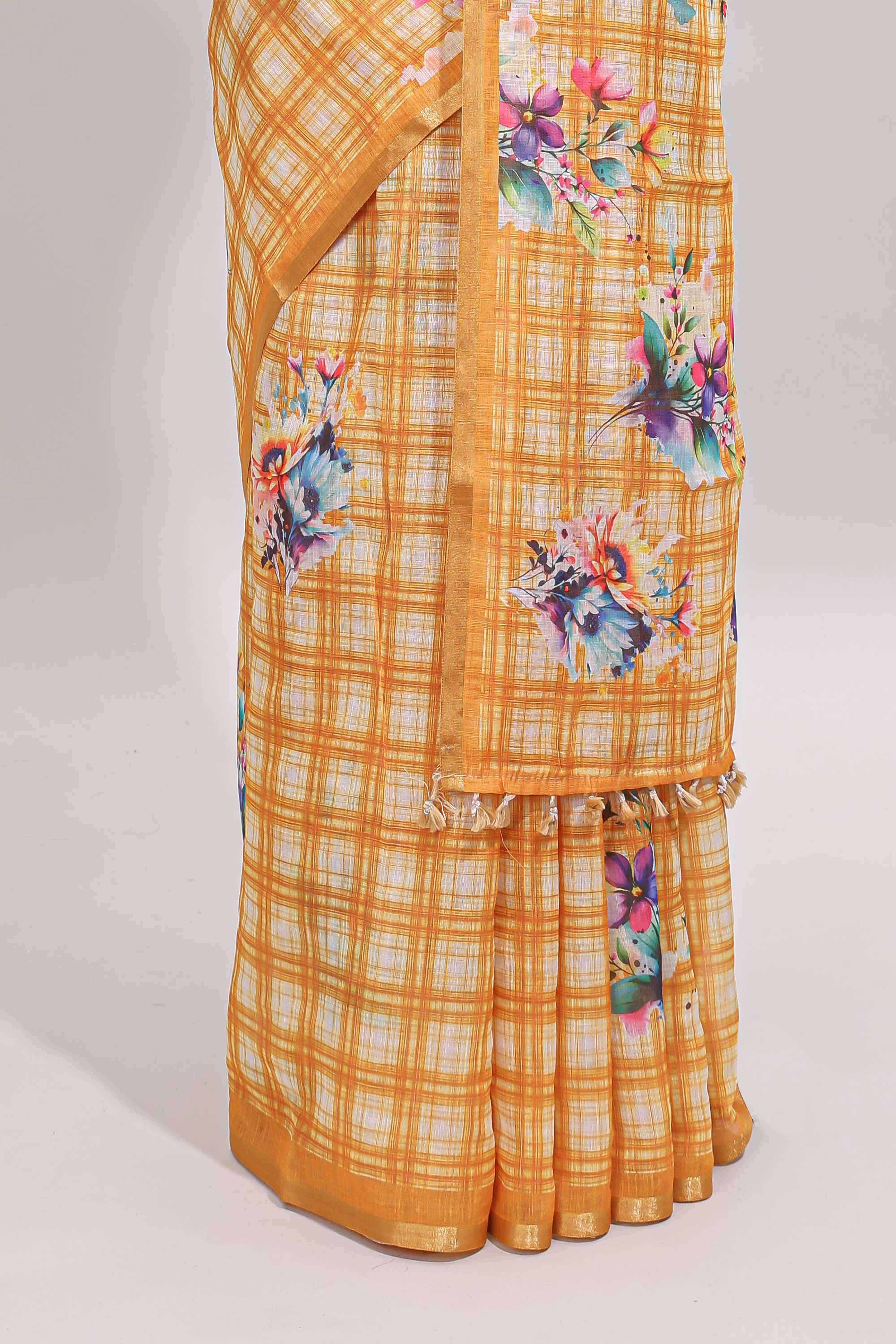 Yellow checked floral motifs linen cotton saree with self zari border matching blouse