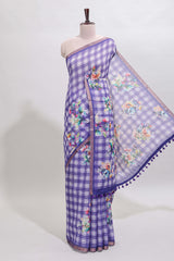 Violet checked floral motifs linen cotton saree with self zari border matching blouse