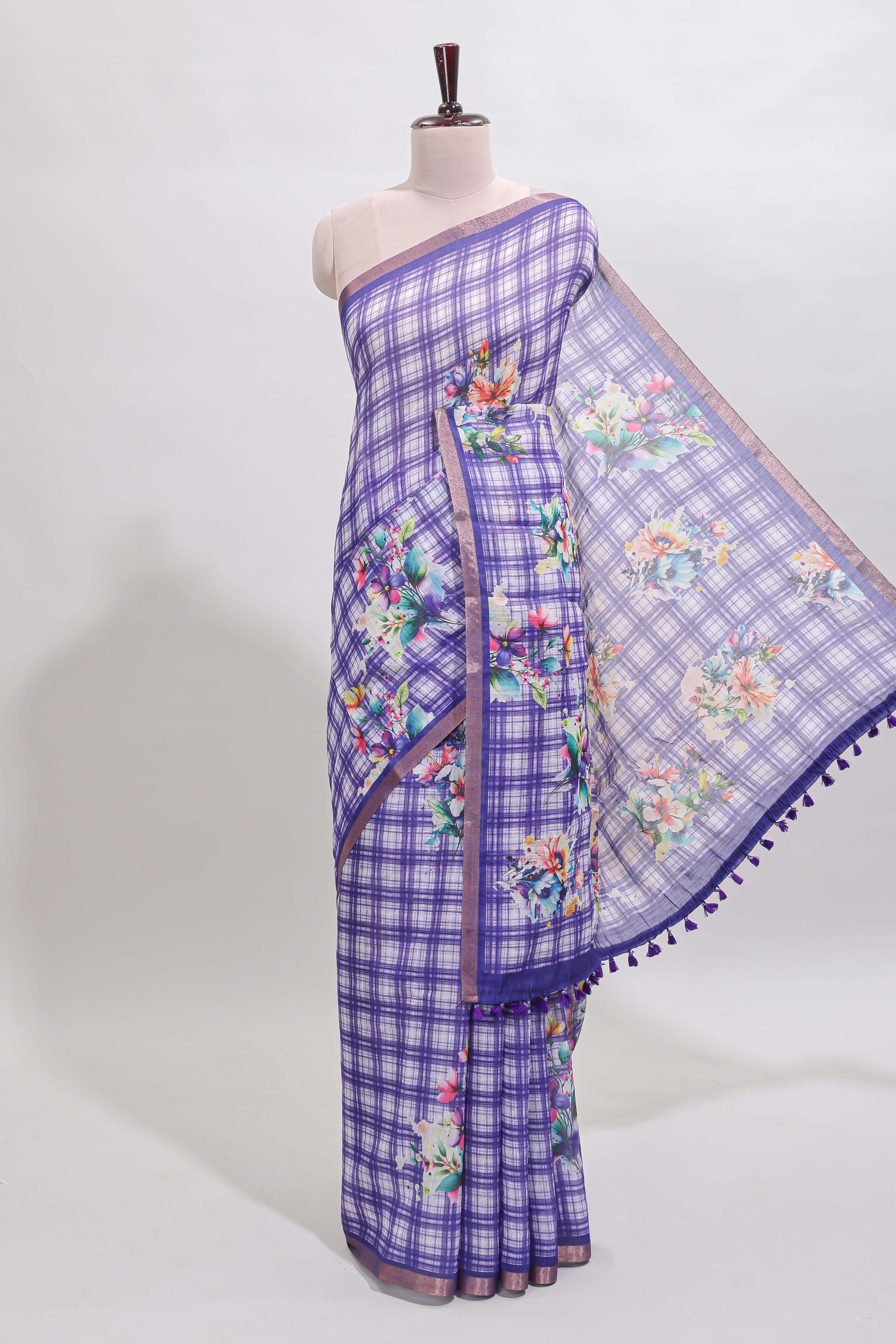 Violet checked floral motifs linen cotton saree with self zari border matching blouse