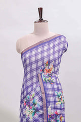 Violet checked floral motifs linen cotton saree with self zari border matching blouse