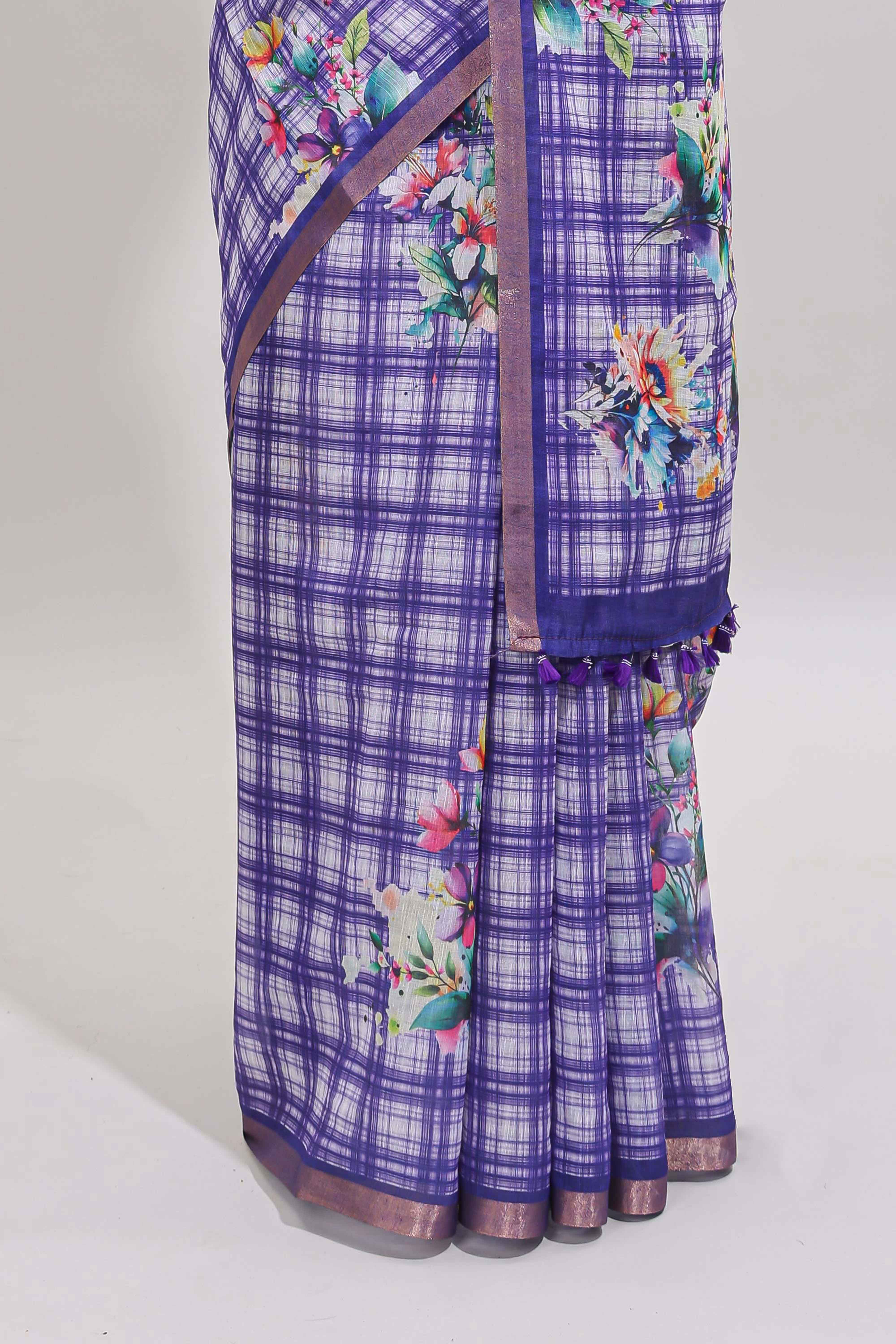 Violet checked floral motifs linen cotton saree with self zari border matching blouse