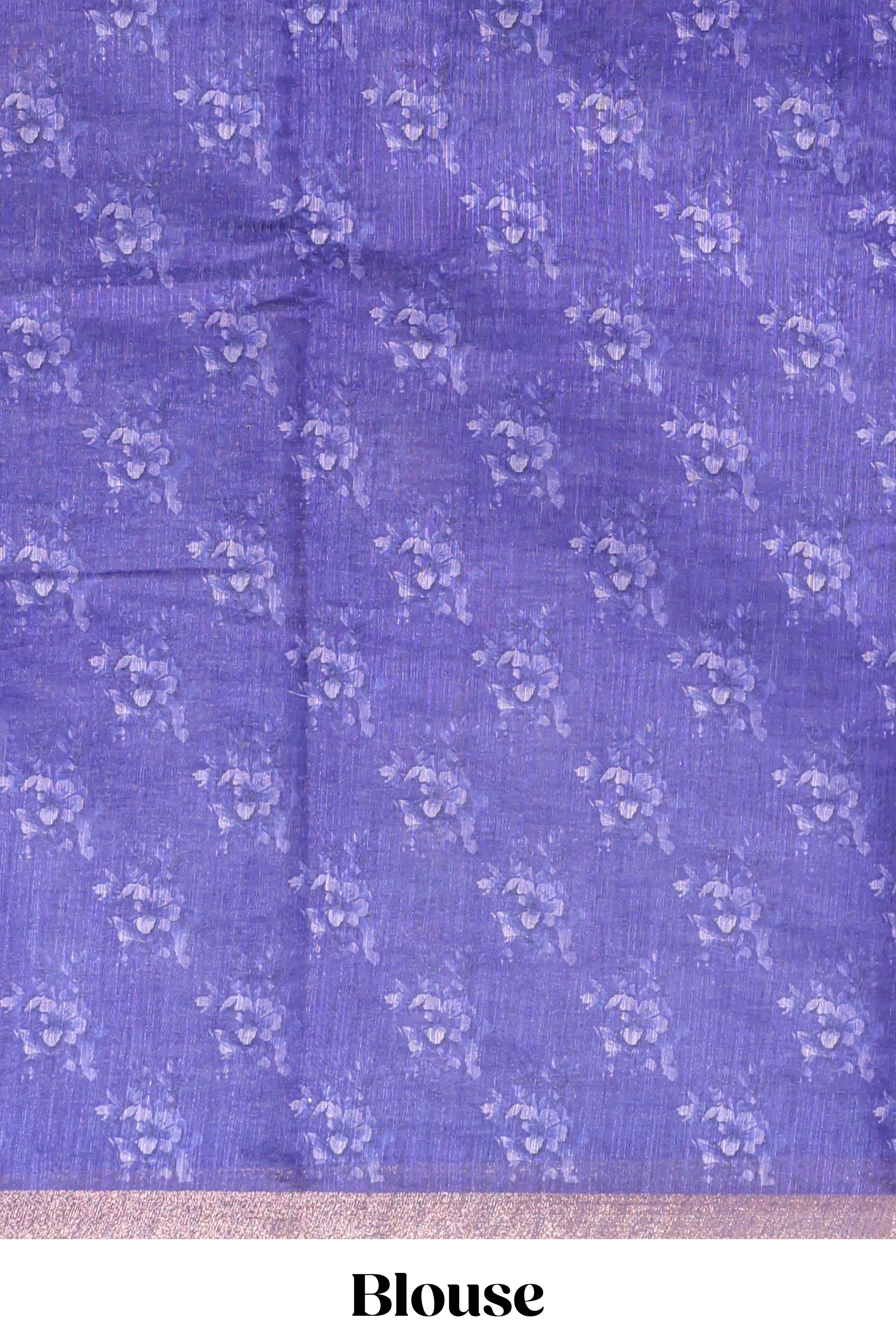Violet checked floral motifs linen cotton saree with self zari border matching blouse