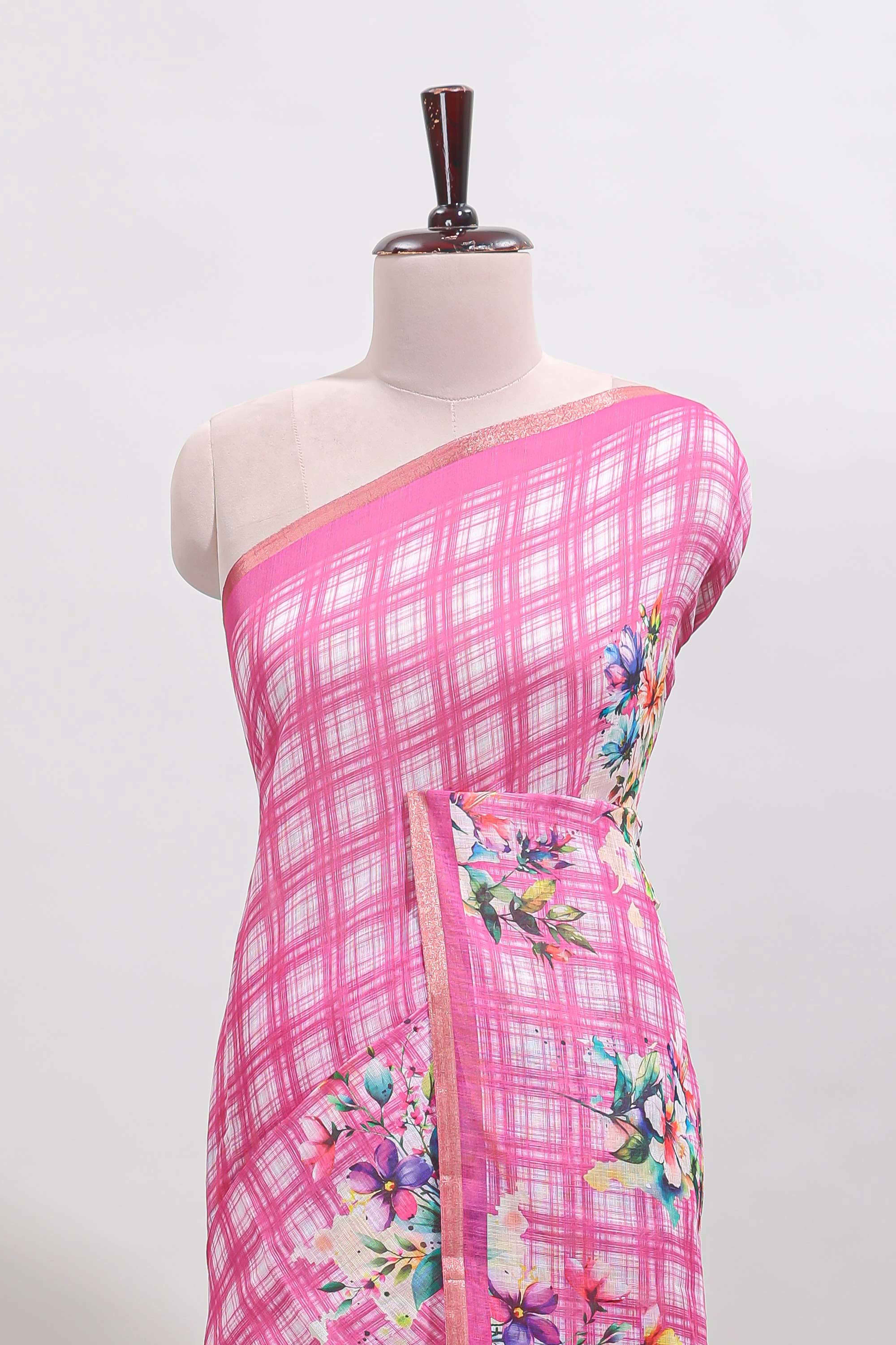 Pink checked floral motifs linen cotton saree with self zari border matching blouse