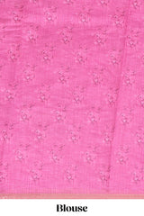 Pink checked floral motifs linen cotton saree with self zari border matching blouse