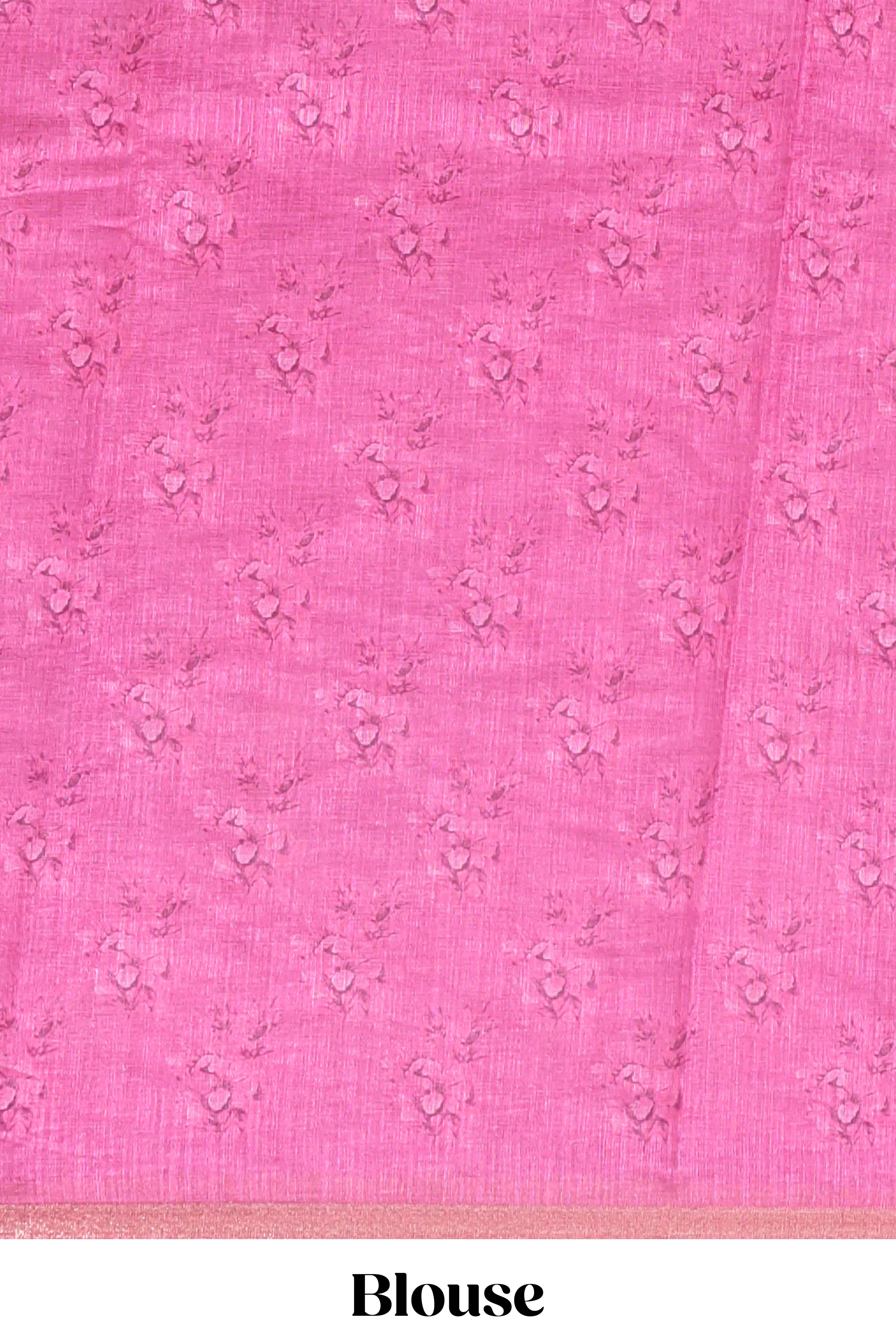 Pink checked floral motifs linen cotton saree with self zari border matching blouse