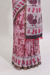Peach shibori style classical dance muthirai design linen cotton saree with contrast border and blouse