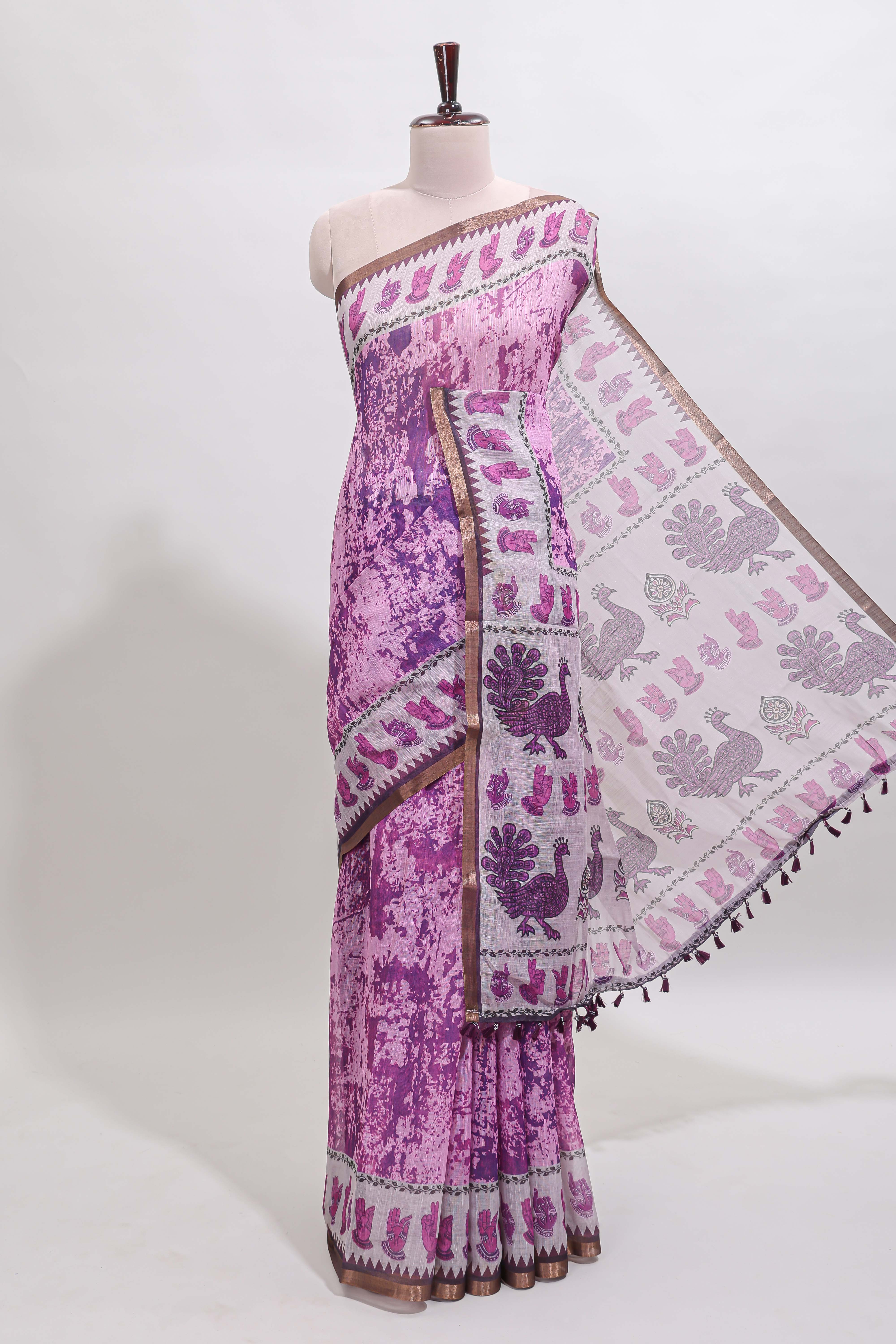 Pink shibori style classical dance muthirai design linen cotton saree with contrast border and blouse