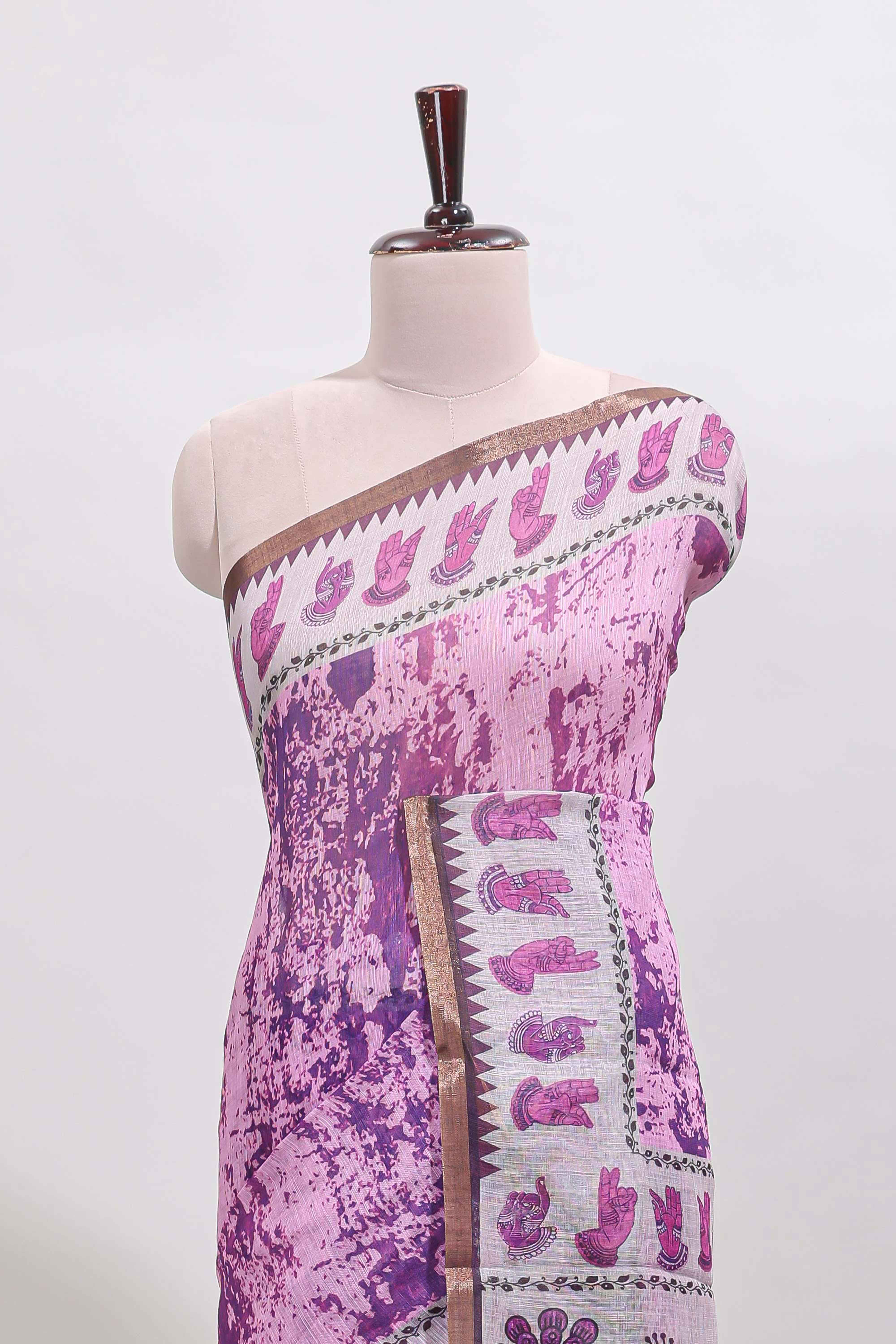 Pink shibori style classical dance muthirai design linen cotton saree with contrast border and blouse