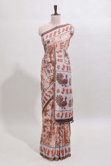 Brown shibori style classical dance muthirai design linen cotton saree with contrast border and blouse