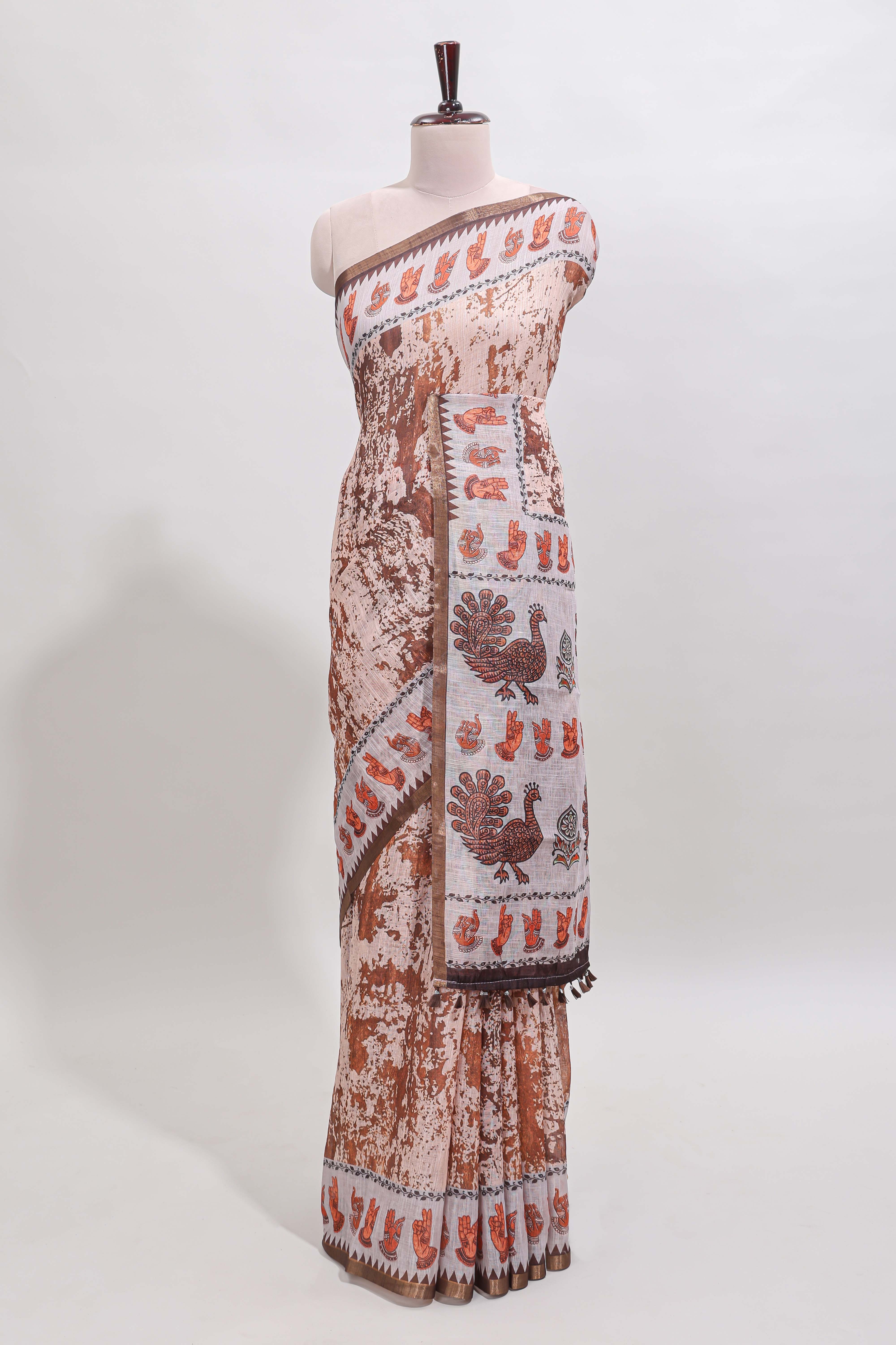 Brown shibori style classical dance muthirai design linen cotton saree with contrast border and blouse