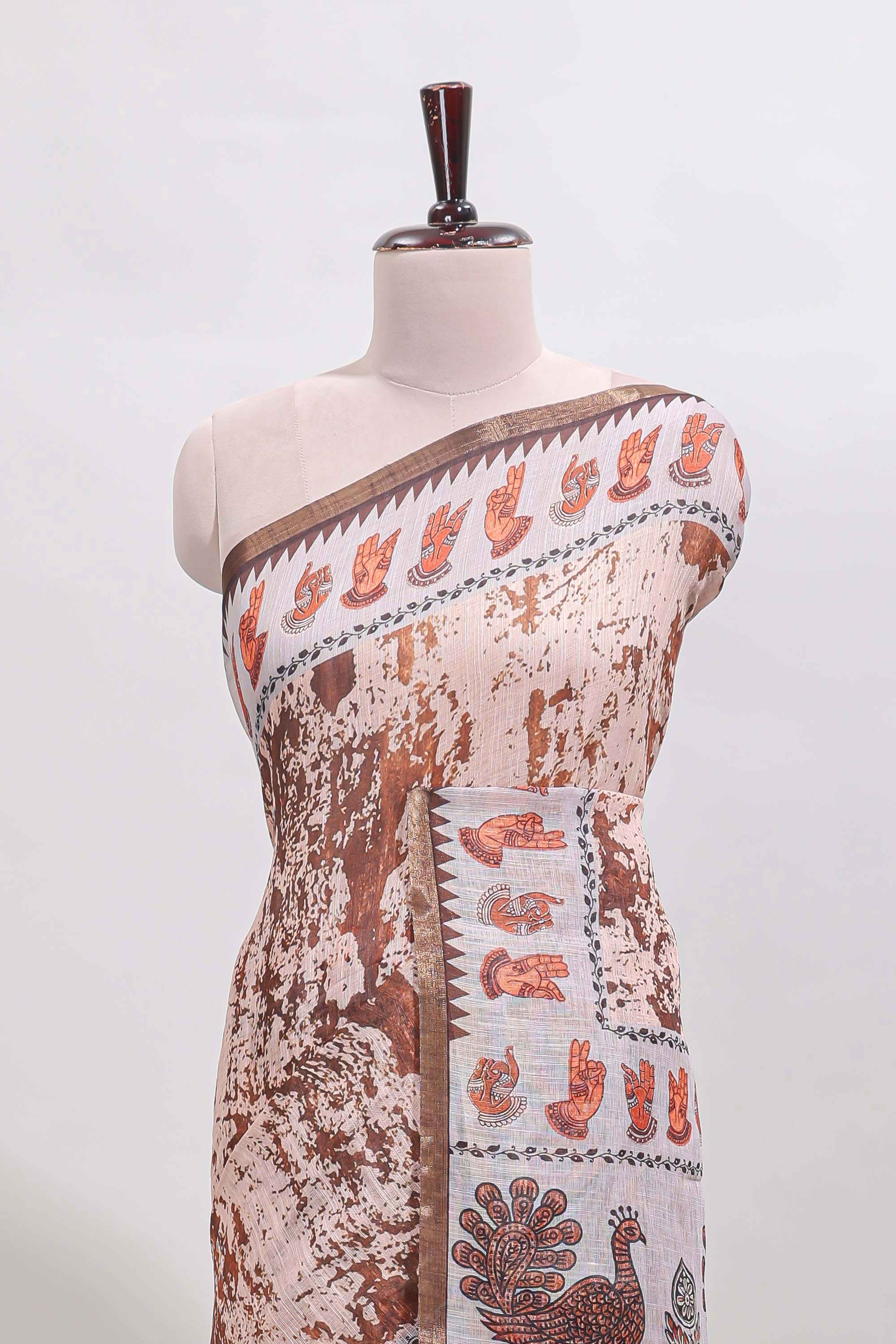 Brown shibori style classical dance muthirai design linen cotton saree with contrast border and blouse