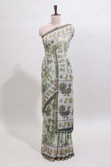 Green shibori style classical dance muthirai design linen cotton saree with contrast border and blouse
