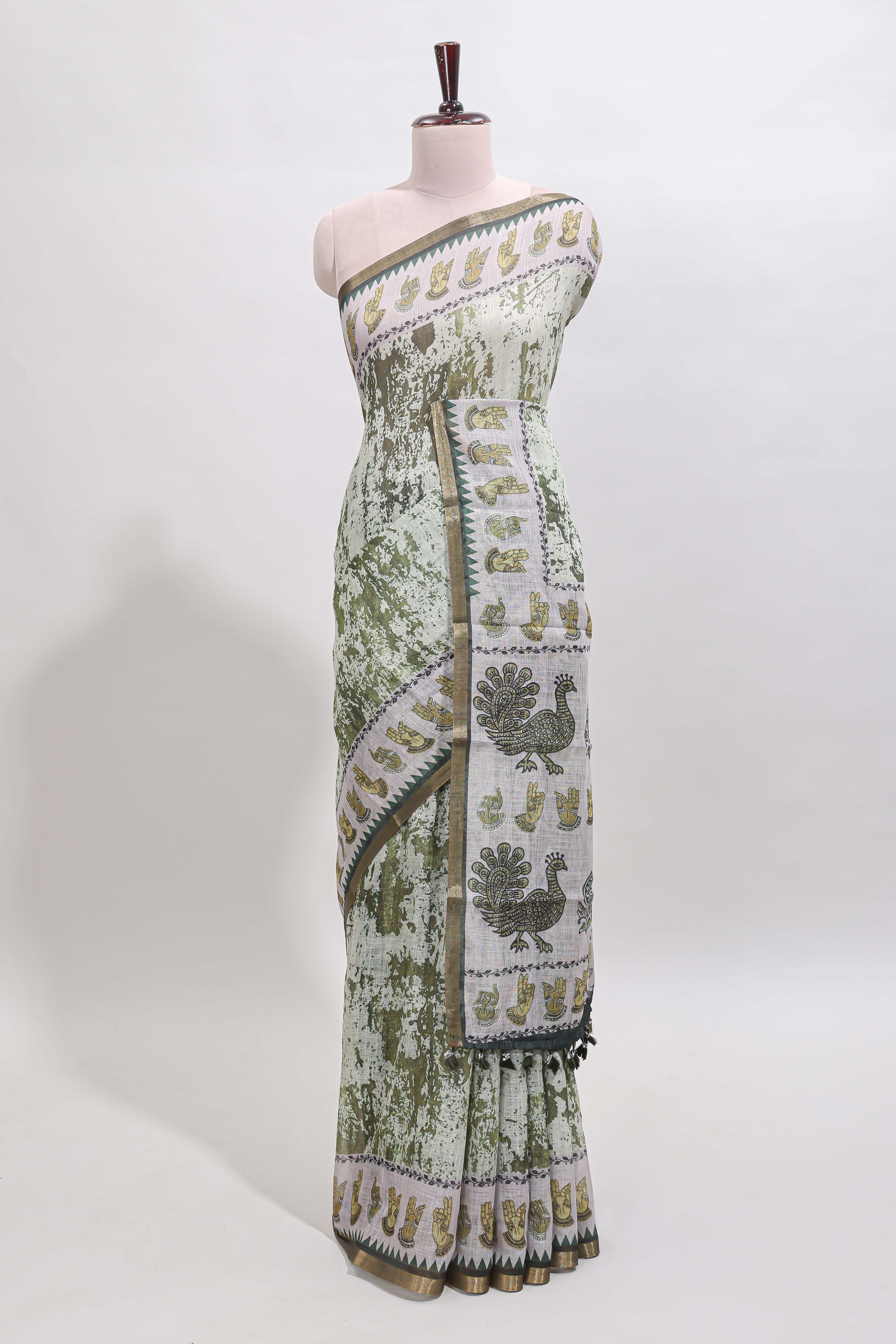Green shibori style classical dance muthirai design linen cotton saree with contrast border and blouse