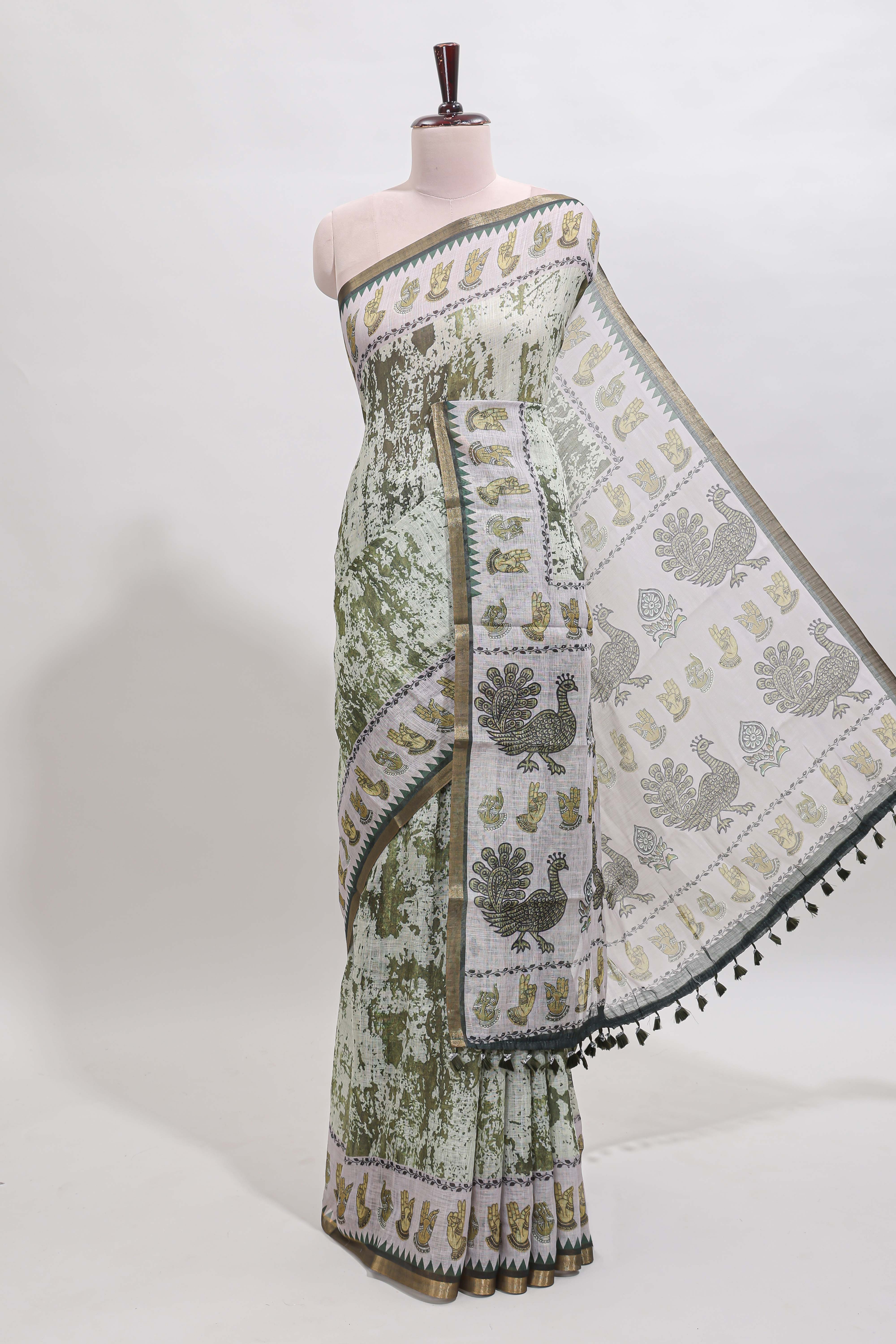 Green shibori style classical dance muthirai design linen cotton saree with contrast border and blouse