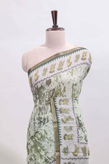 Green shibori style classical dance muthirai design linen cotton saree with contrast border and blouse