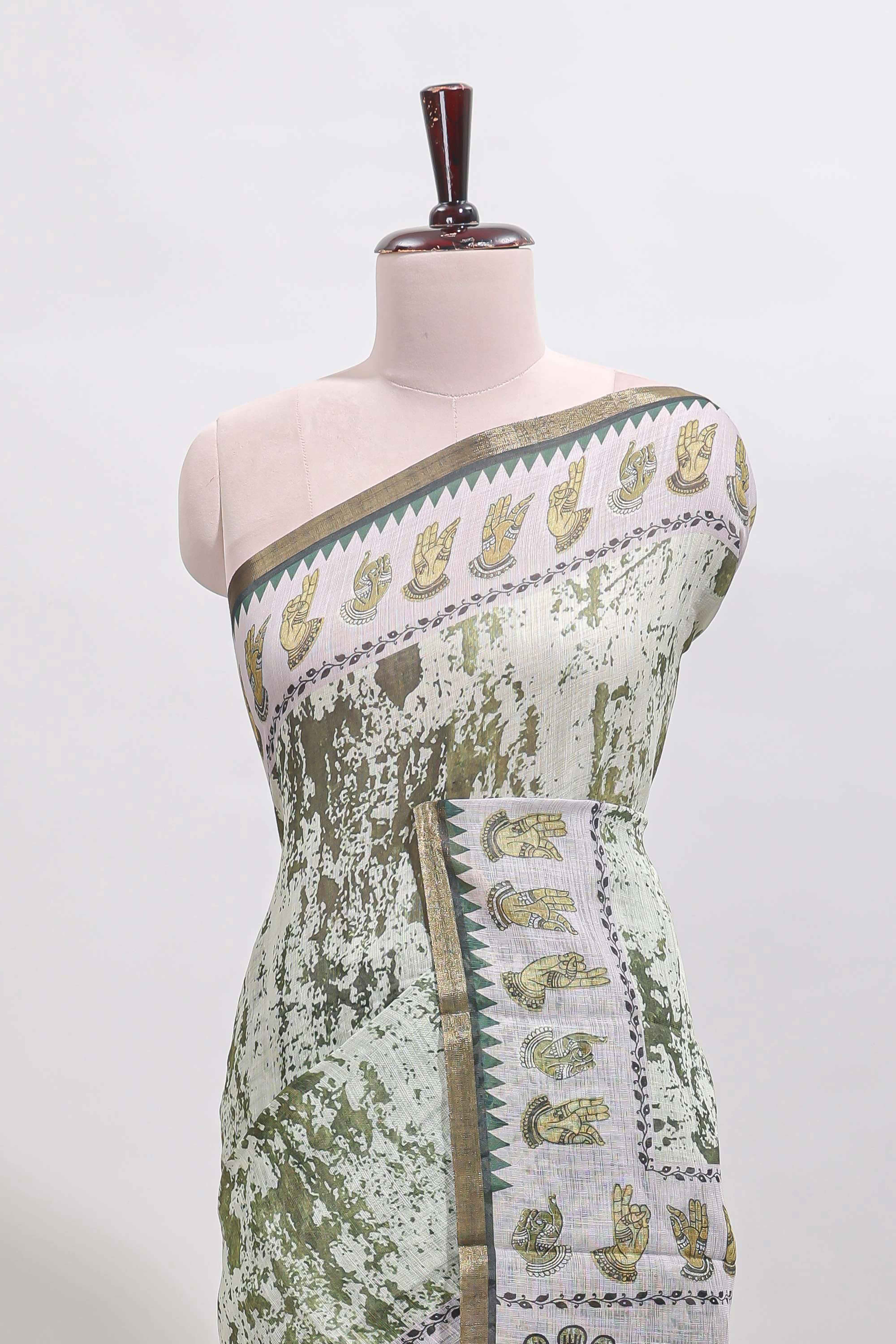 Green shibori style classical dance muthirai design linen cotton saree with contrast border and blouse