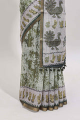 Green shibori style classical dance muthirai design linen cotton saree with contrast border and blouse