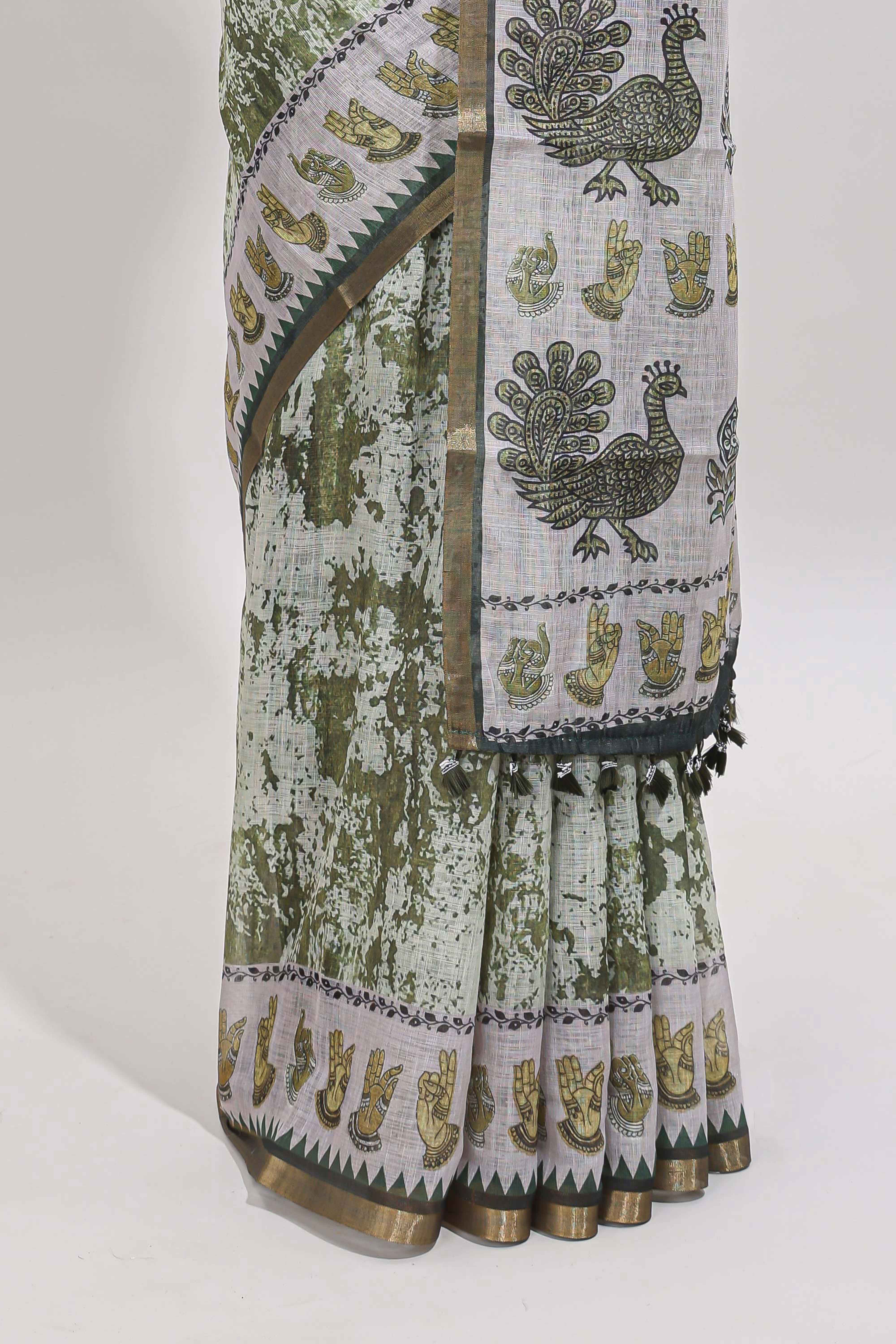 Green shibori style classical dance muthirai design linen cotton saree with contrast border and blouse