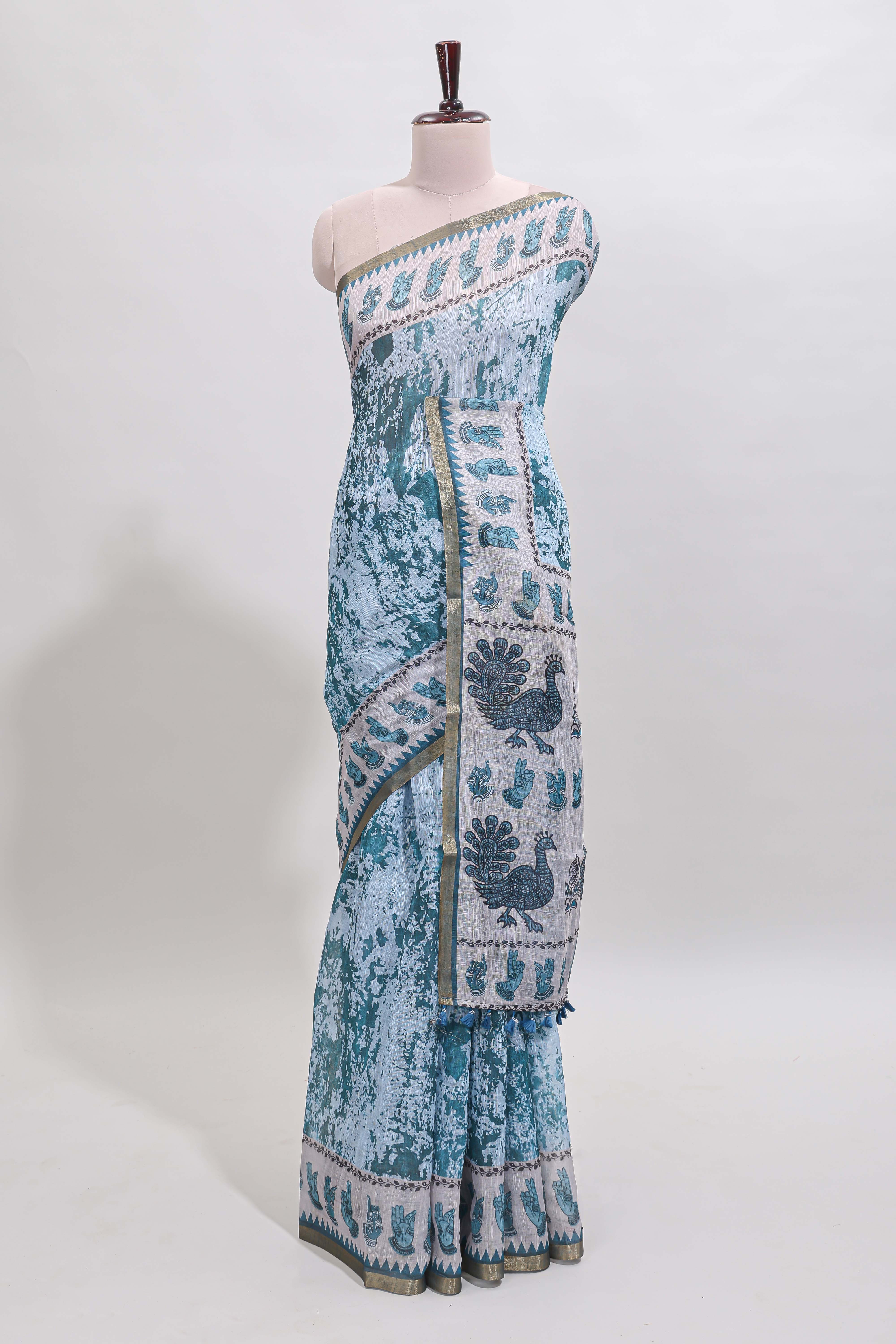 Turquoise blue shibori style classical dance muthirai design linen cotton saree with contrast border and blouse