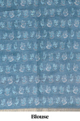 Turquoise blue shibori style classical dance muthirai design linen cotton saree with contrast border and blouse