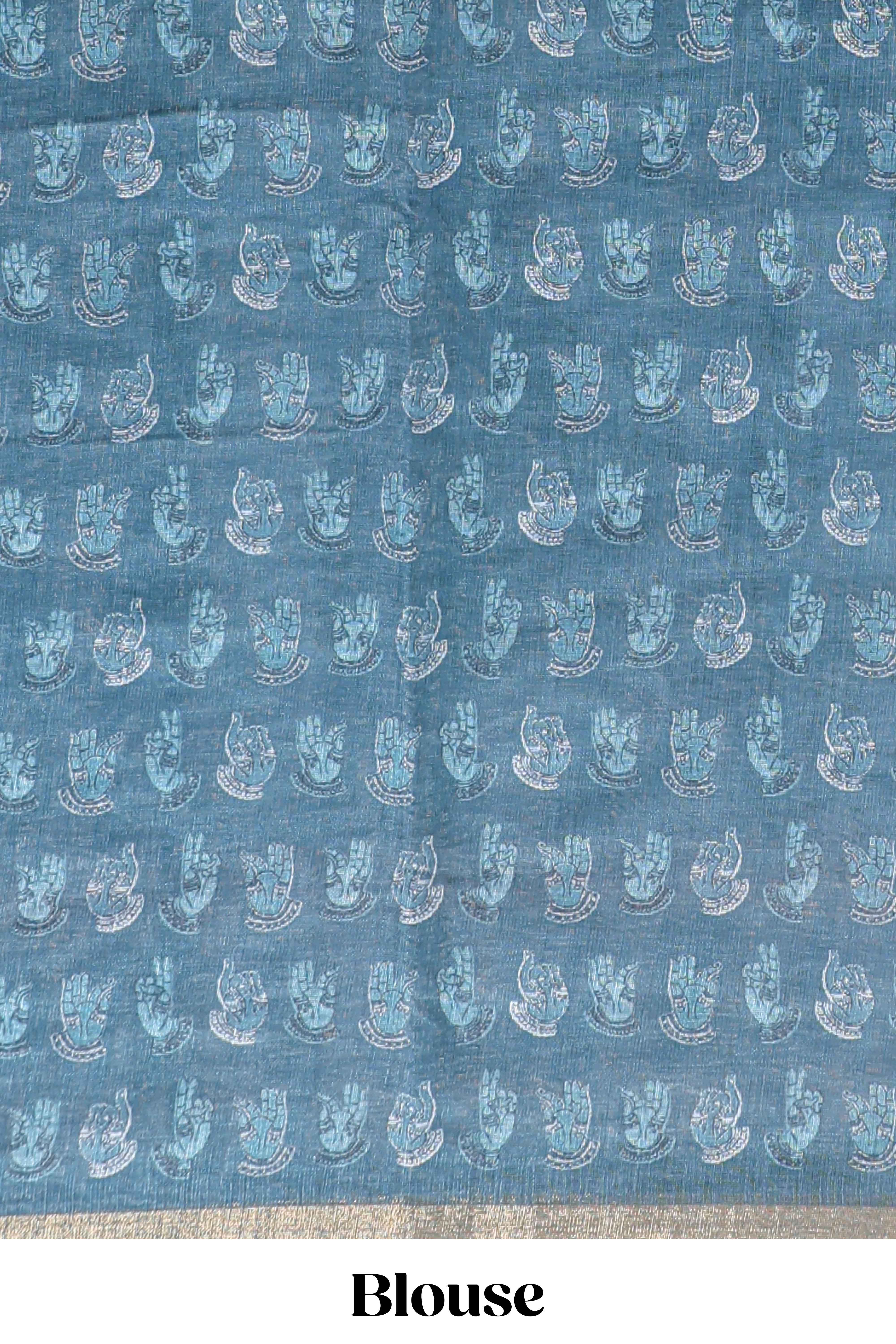 Turquoise blue shibori style classical dance muthirai design linen cotton saree with contrast border and blouse