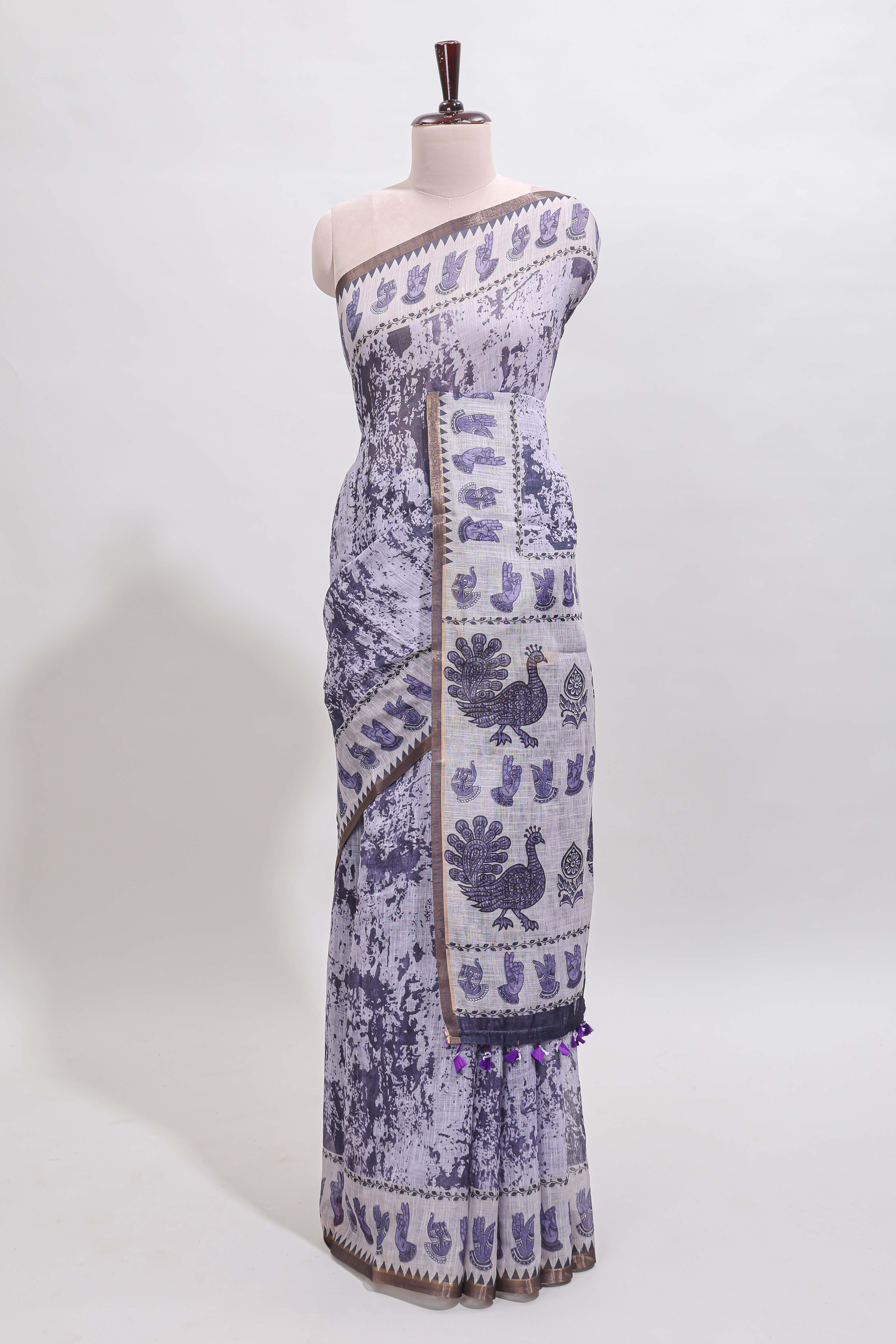 Lavender shibori style classical dance muthirai design linen cotton saree with contrast border and blouse