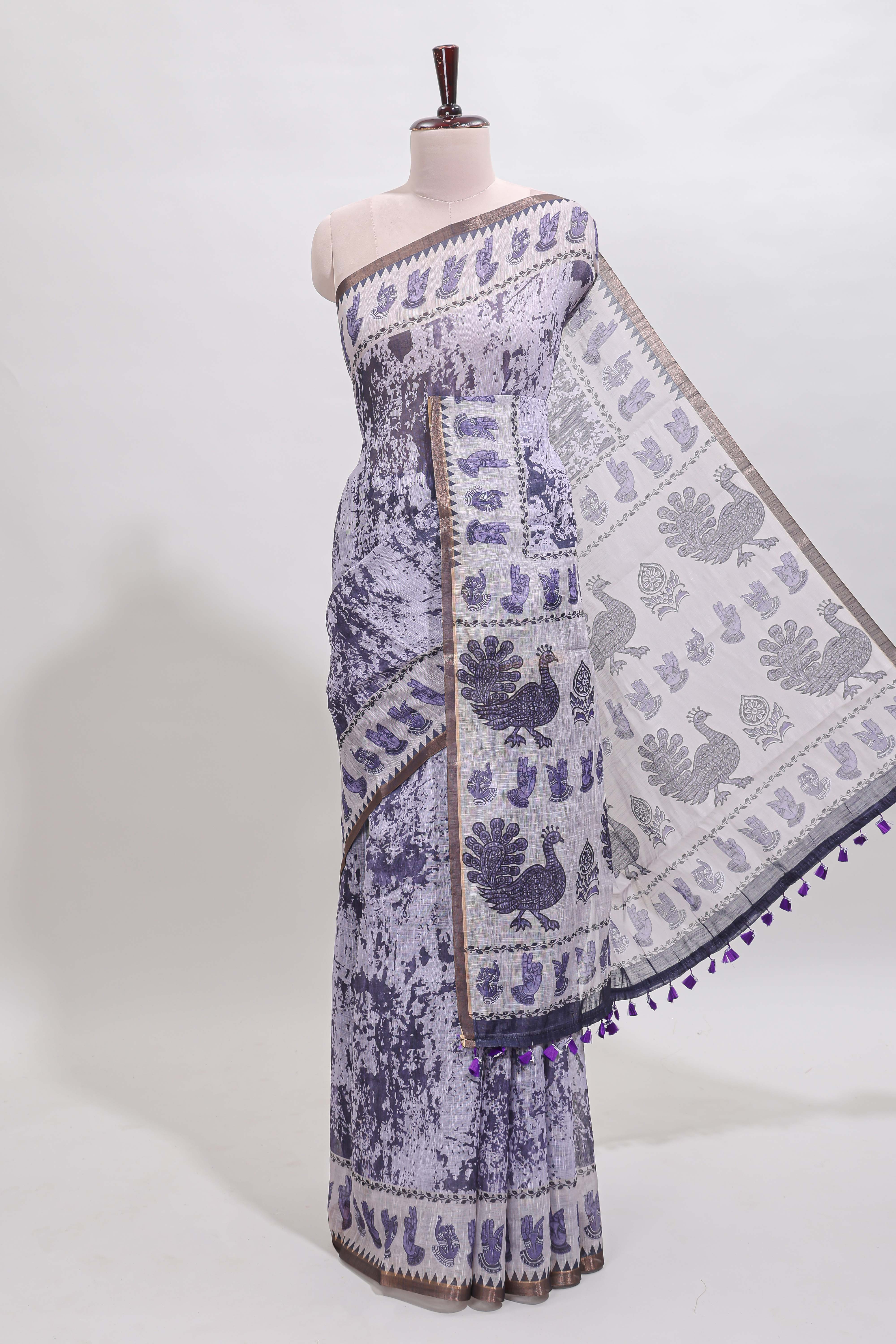 Lavender shibori style classical dance muthirai design linen cotton saree with contrast border and blouse