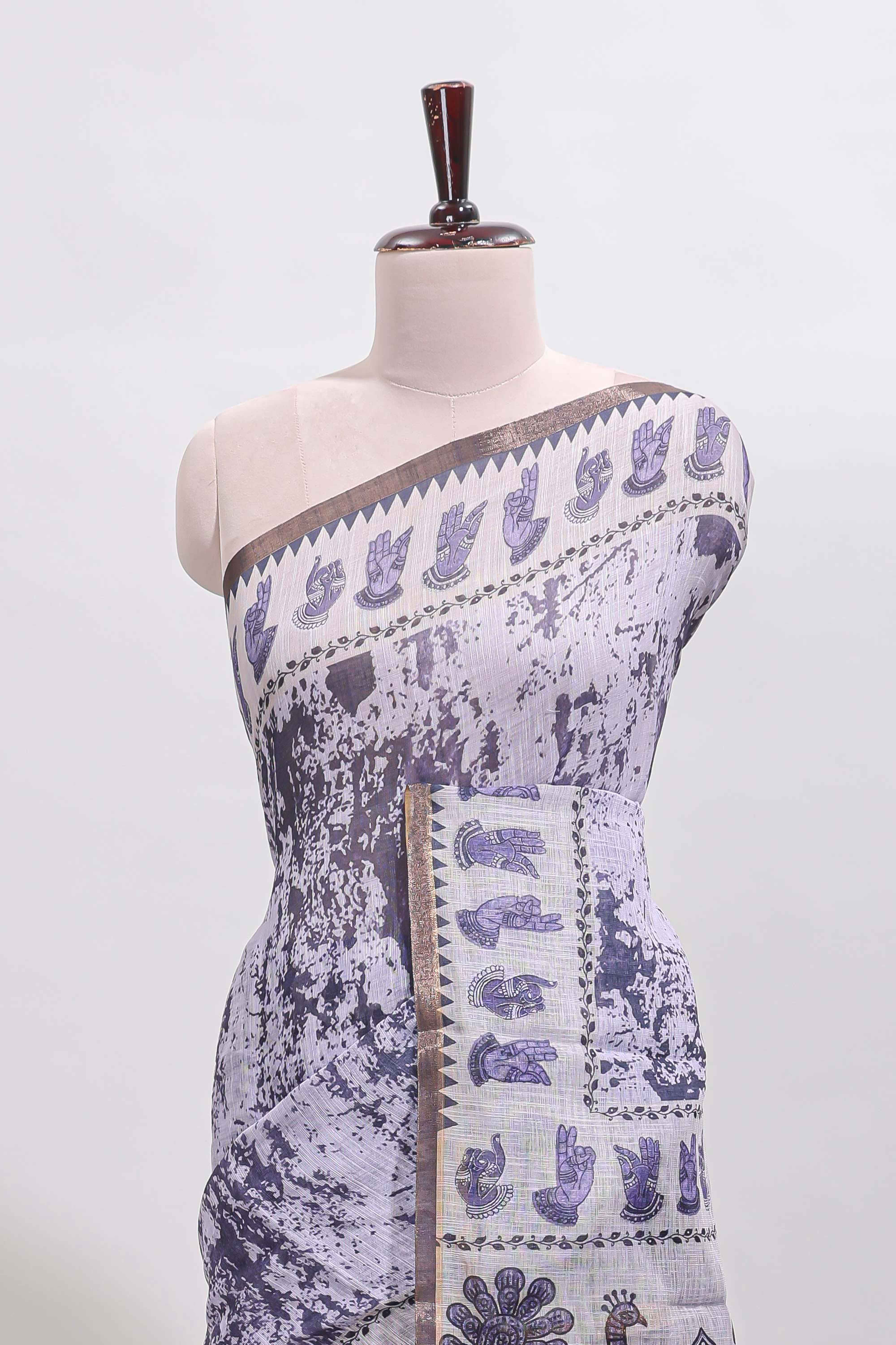 Lavender shibori style classical dance muthirai design linen cotton saree with contrast border and blouse