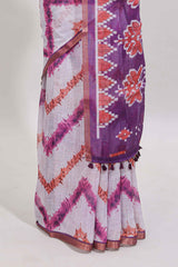 Off white chevron style shibori print linen cotton saree with contrast purple border and ikkat design pallu