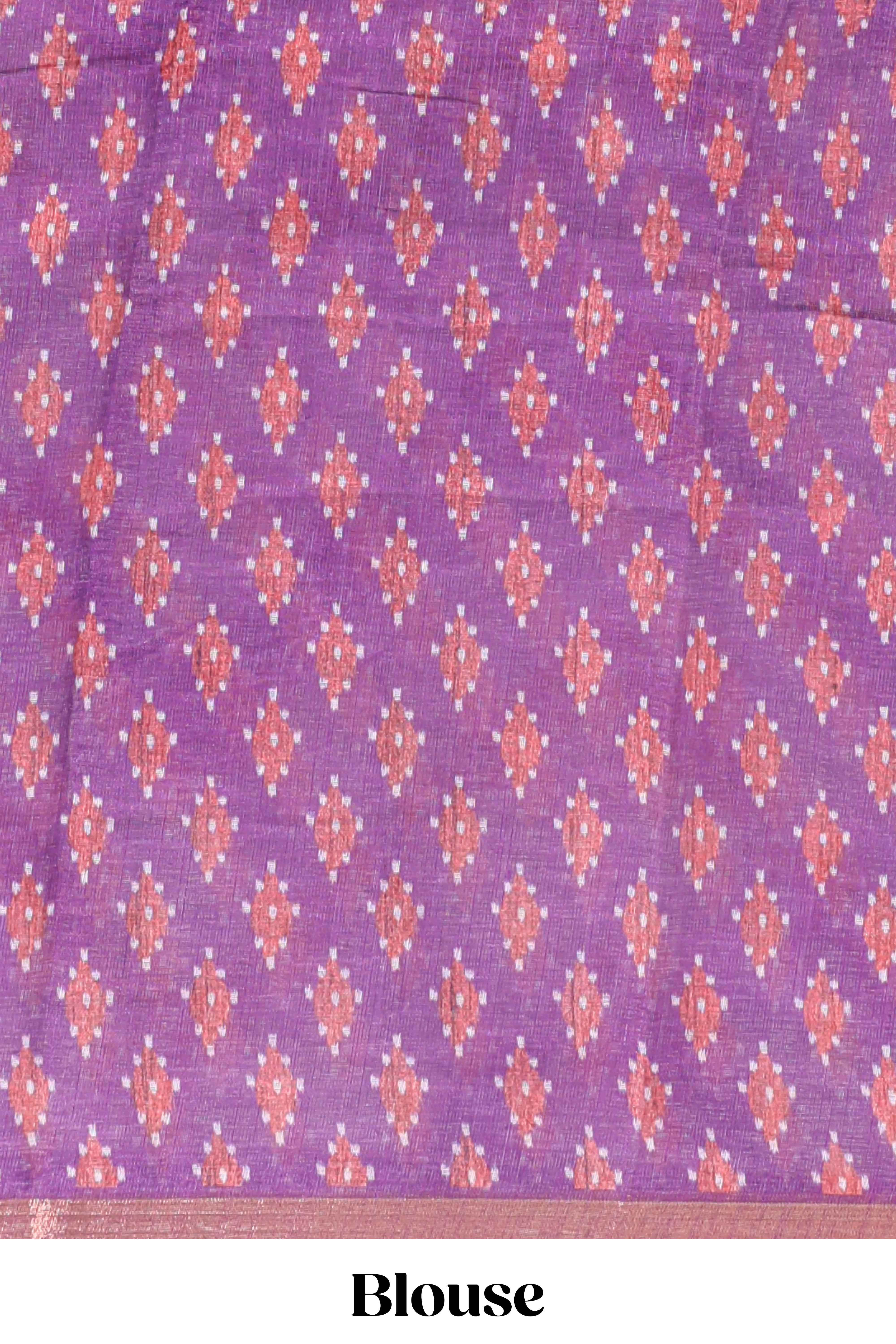 Off white chevron style shibori print linen cotton saree with contrast purple border and ikkat design pallu