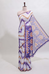 Off white chevron style shibori print linen cotton saree with contrast violet border and ikkat design pallu