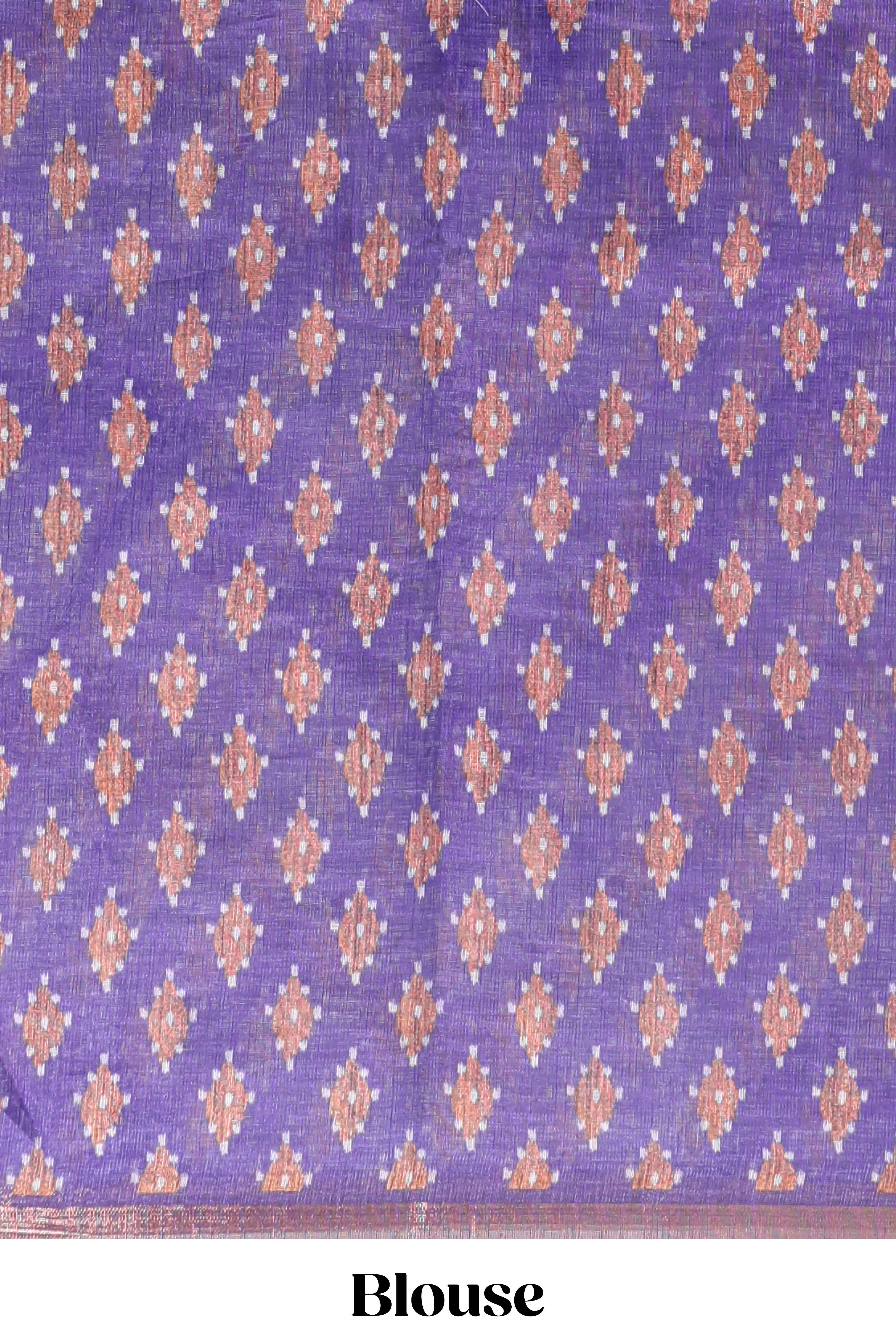 Off white chevron style shibori print linen cotton saree with contrast violet border and ikkat design pallu