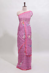 Pink checked floral design linen cotton saree with self zari border and printed blouse