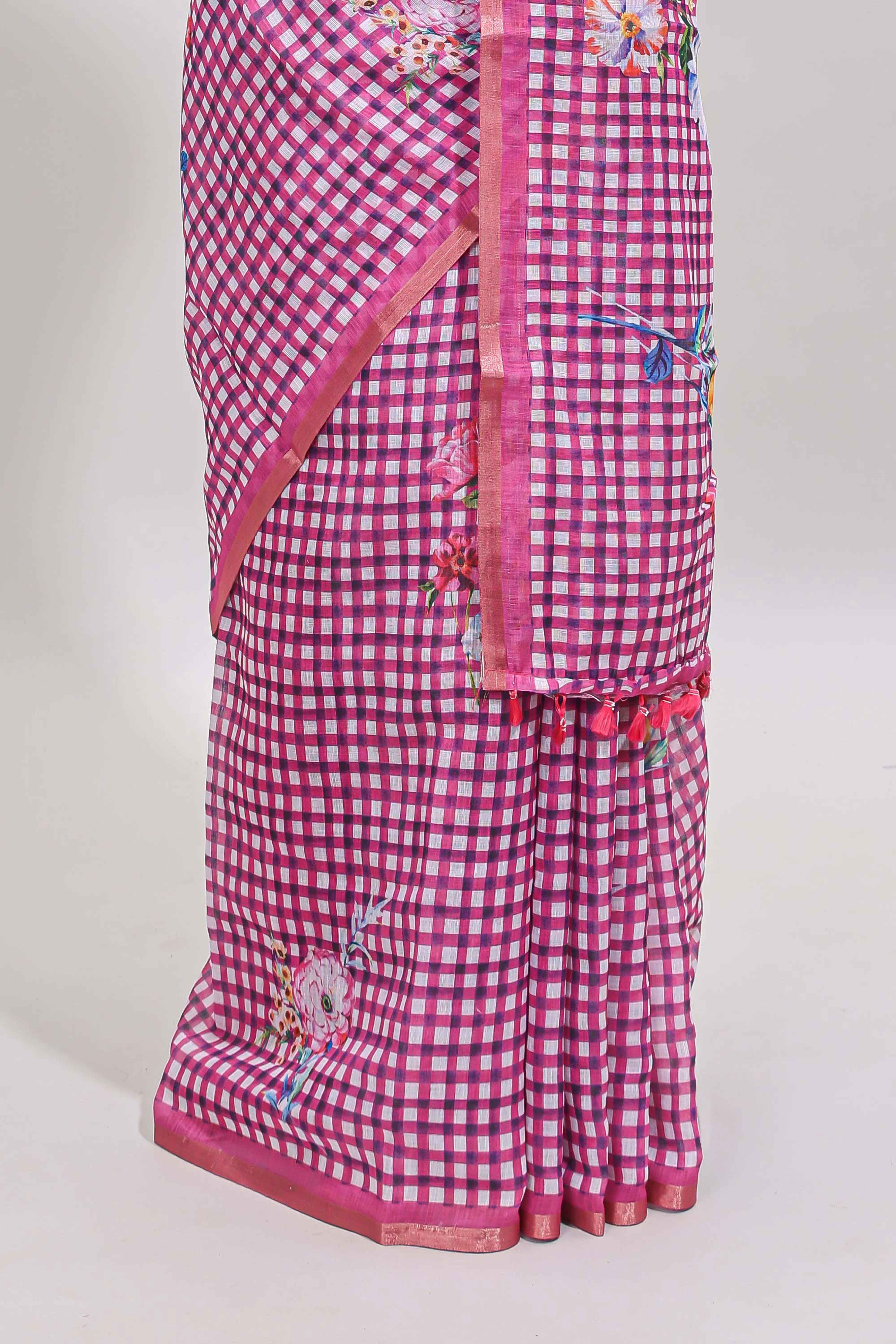 Pink checked floral design linen cotton saree with self zari border and printed blouse