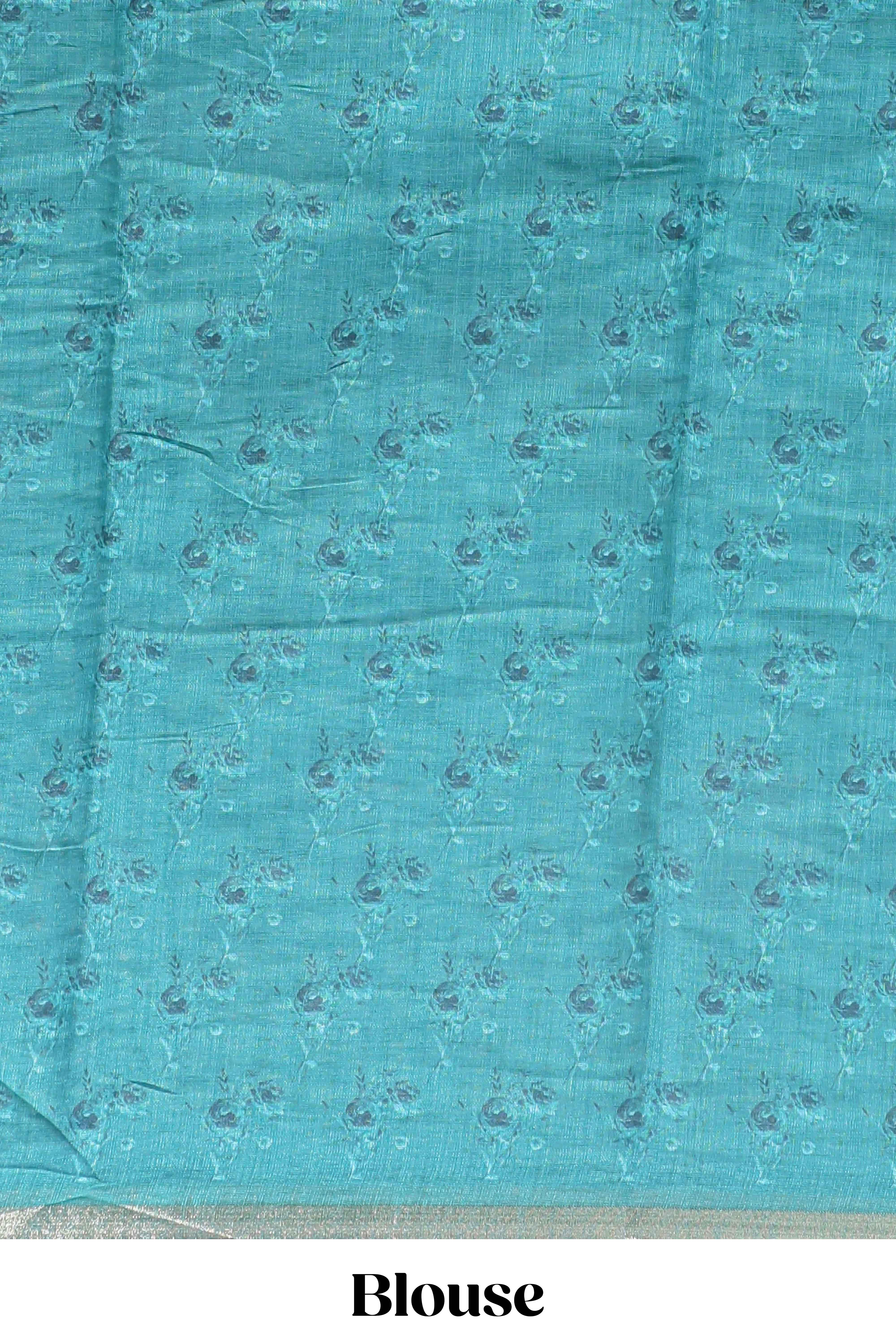 Green checked floral design linen cotton saree with self zari border and printed blouse