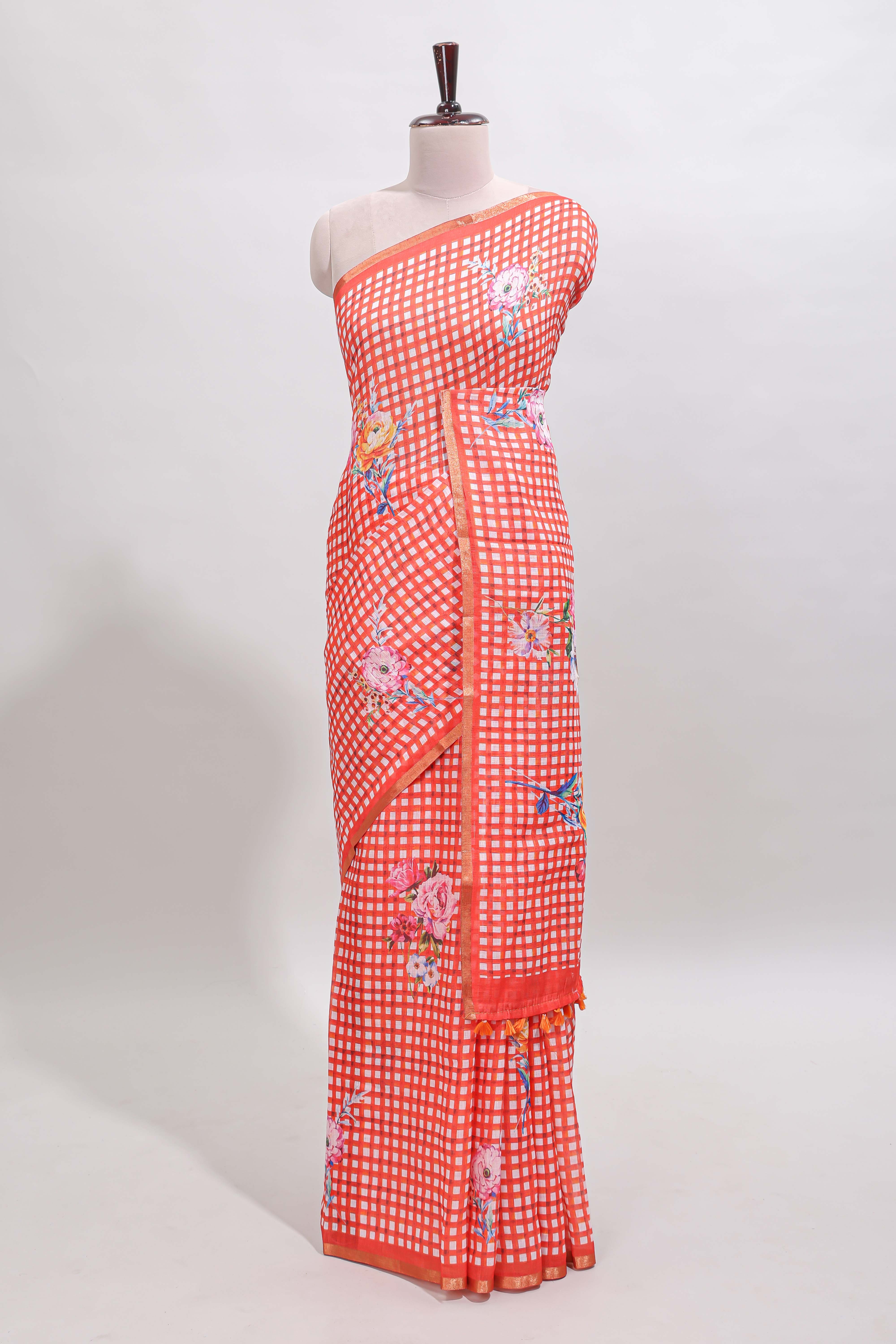 Orange checked floral design linen cotton saree with self zari border and printed blouse